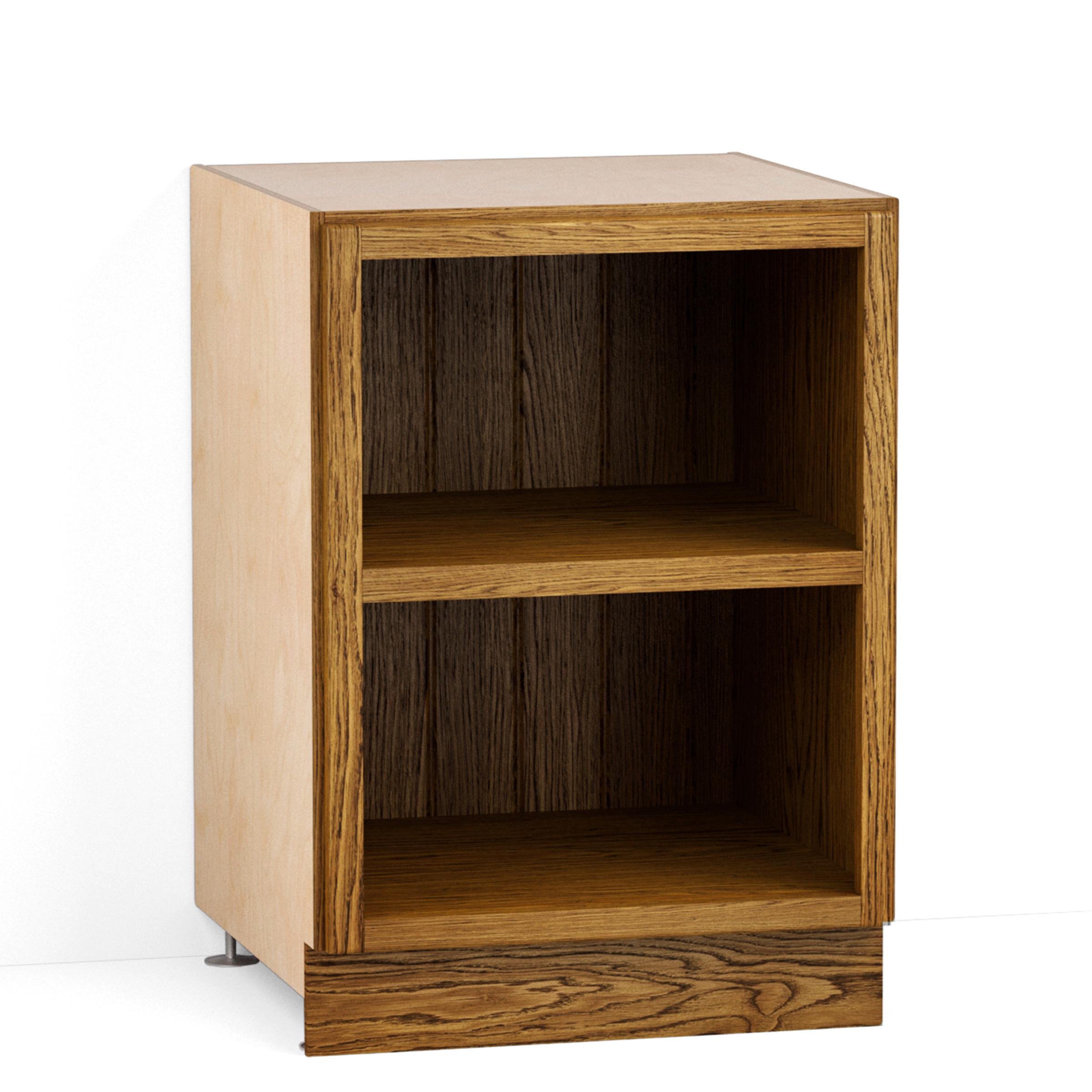 A render of an oak kitchen base cabinet with a single fixed shelf and no doors from deVOL's Haberdasher's range.