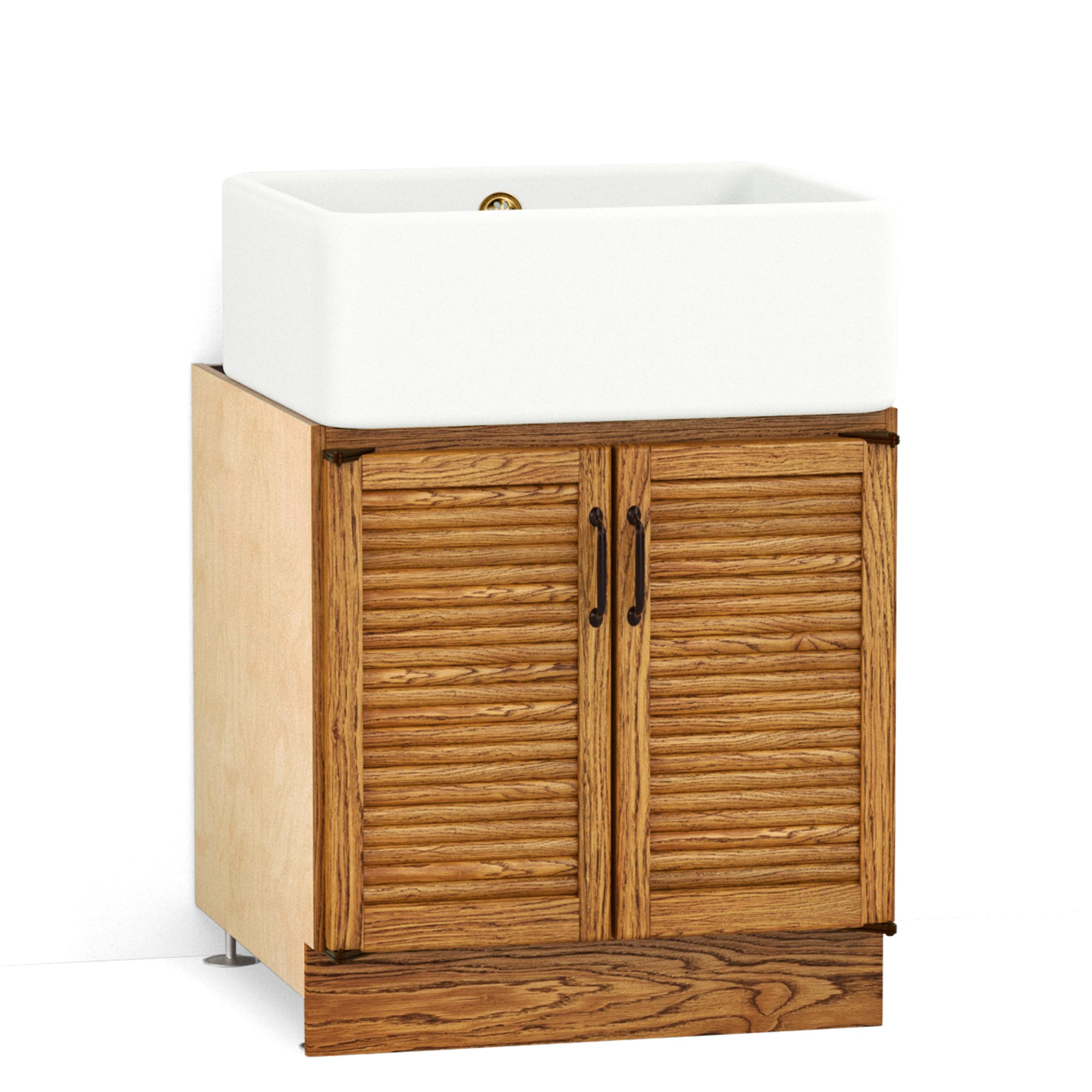 A render of an oak kitchen sink cabinet from deVOL's Haberdasher's range, with short tambour doors and a ceramic Belfast sink.