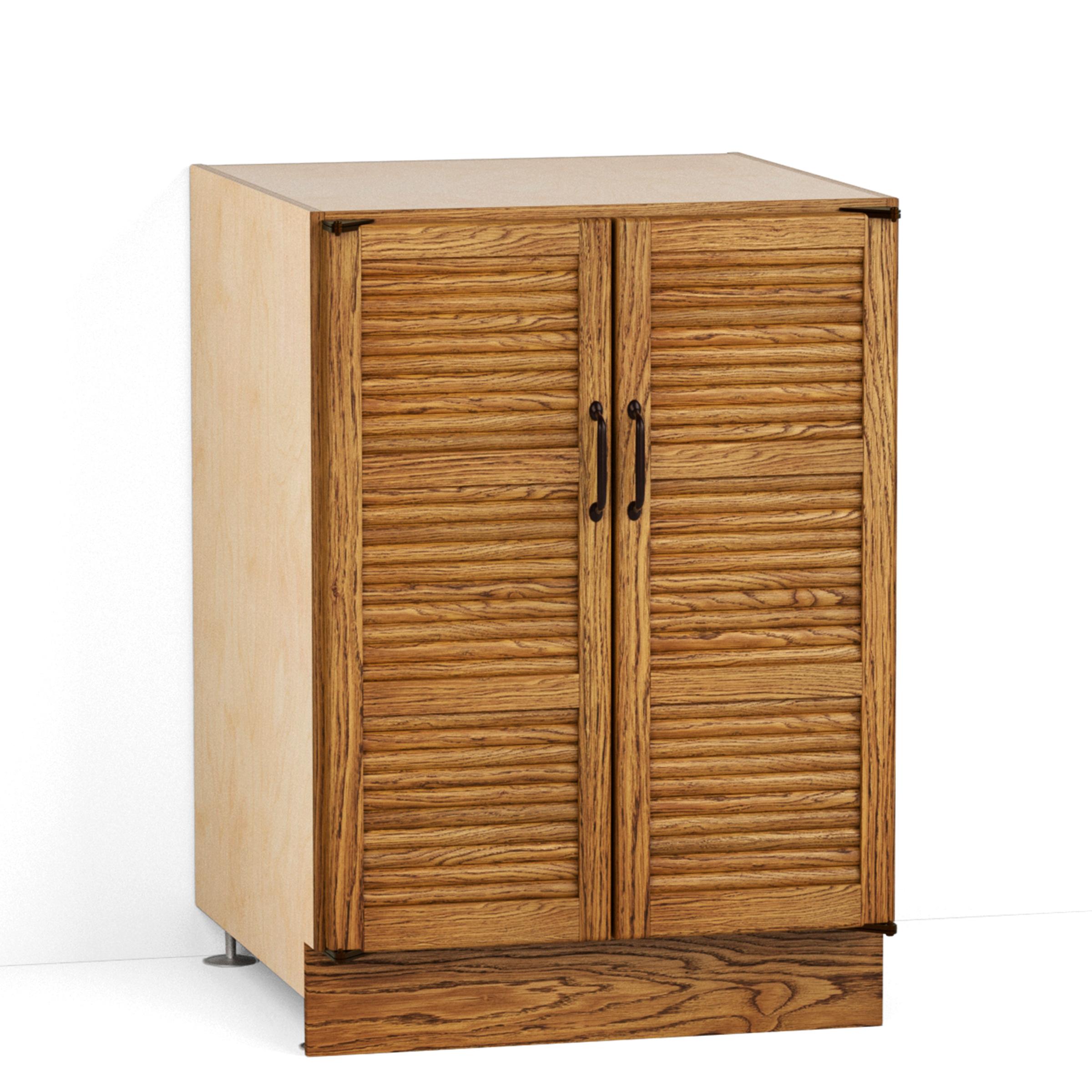 A render of an oak kitchen base cabinet with tambour doors from deVOL's Haberdasher's range.