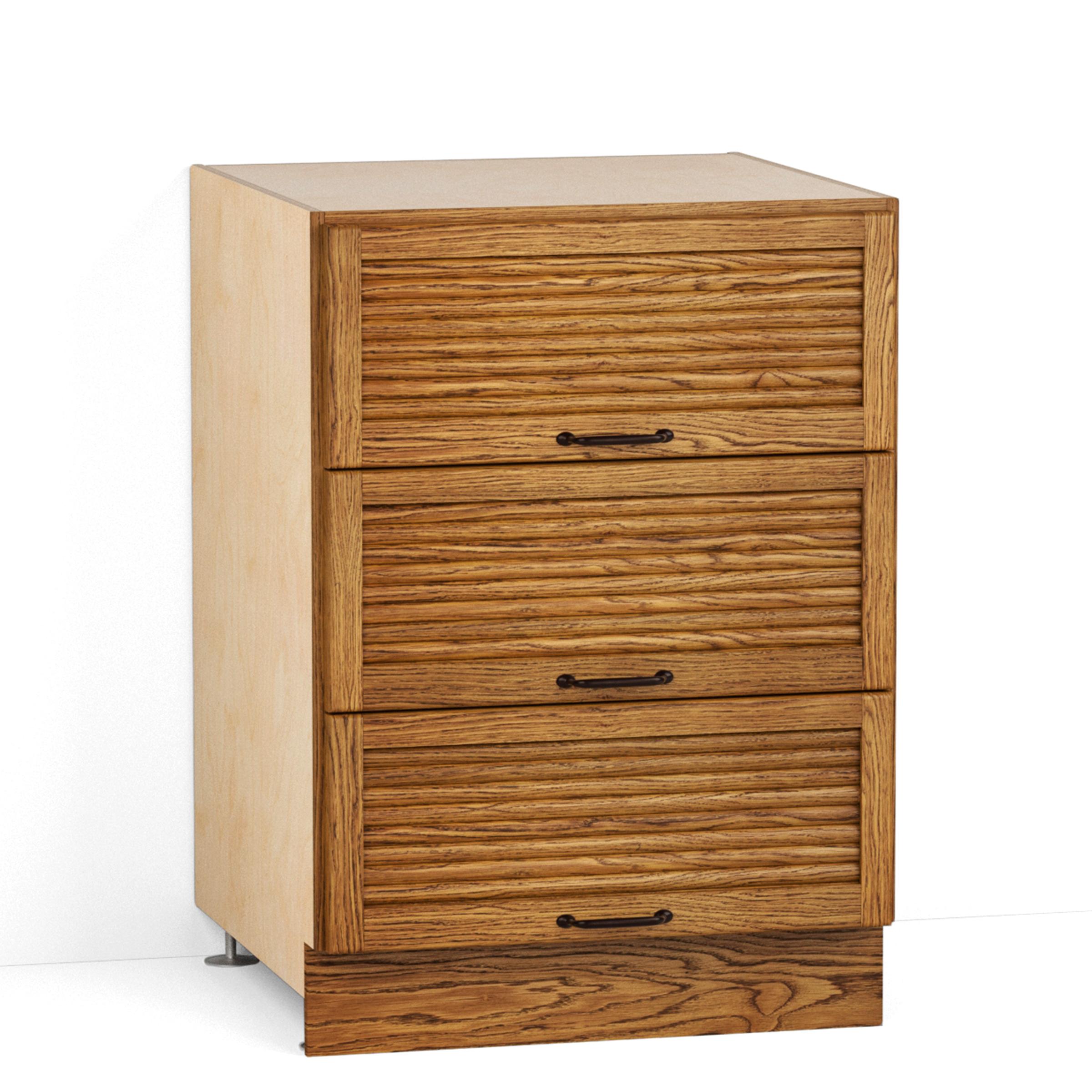 A render of an oak kitchen base cabinet with three tambour drawers from deVOL's Haberdasher's range.
