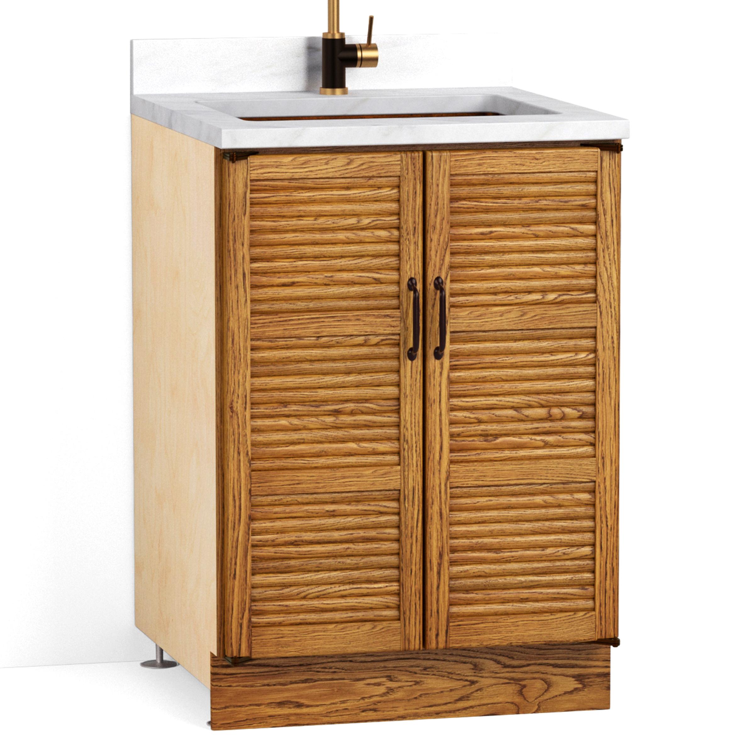A render of an oak kitchen sink cabinet from deVOL's Haberdasher's range, with full-height tambour doors and an undermounted sink.