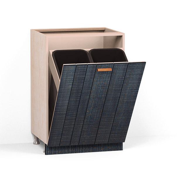 A render of a double bin cabinet from deVOL's Sebastian Cox range, with a pull-down door made from individual planks and finished with an inky-blue stain and band-sawn texture.