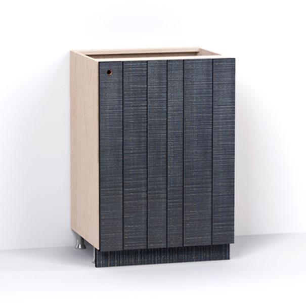 A render of a base cabinet from deVOL's Sebastian Cox range, with a single door made from individual planks and finished with an inky-blue stain and band-sawn texture.