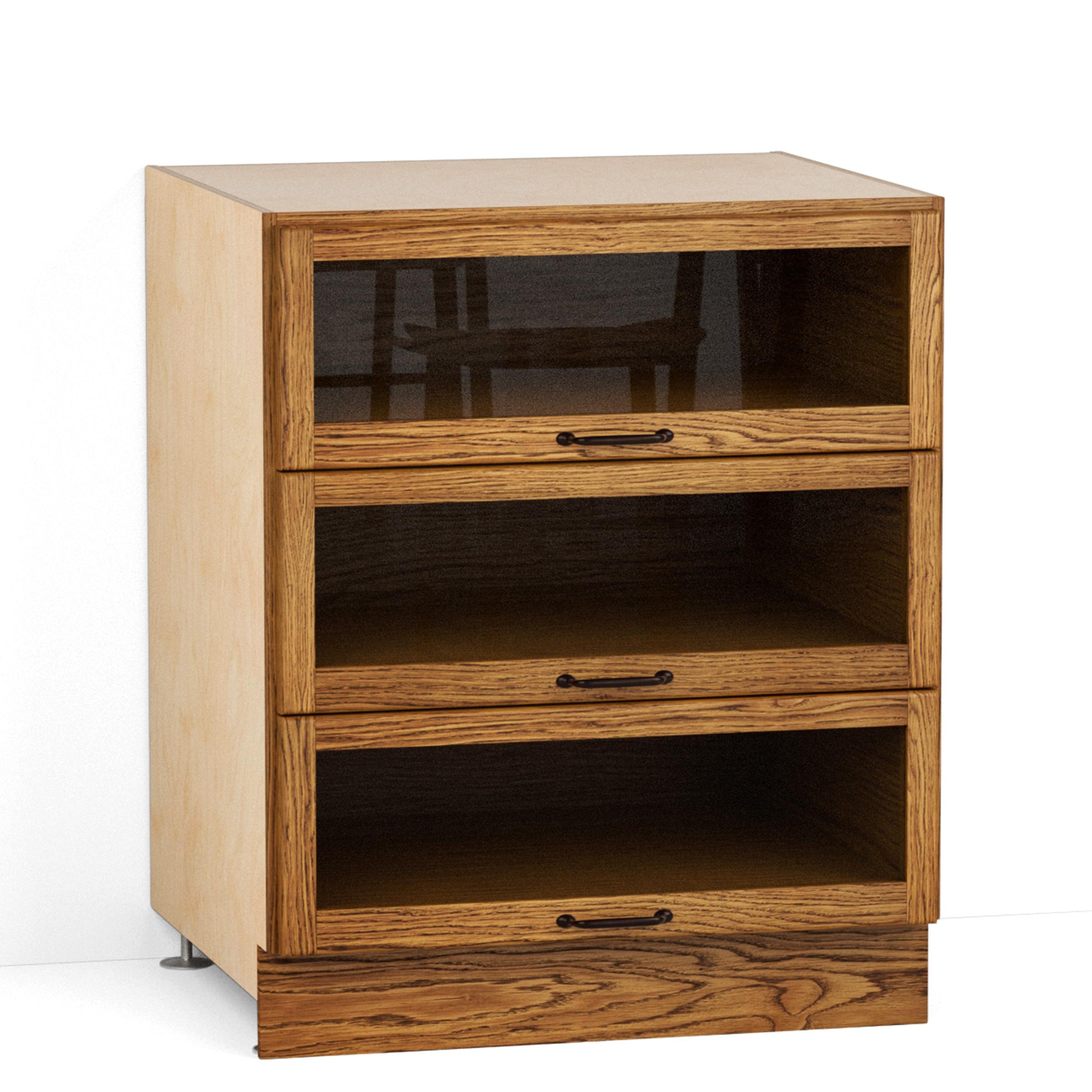 A render of an oak kitchen base cabinet with glazed drawers from deVOL's Haberdasher's range.