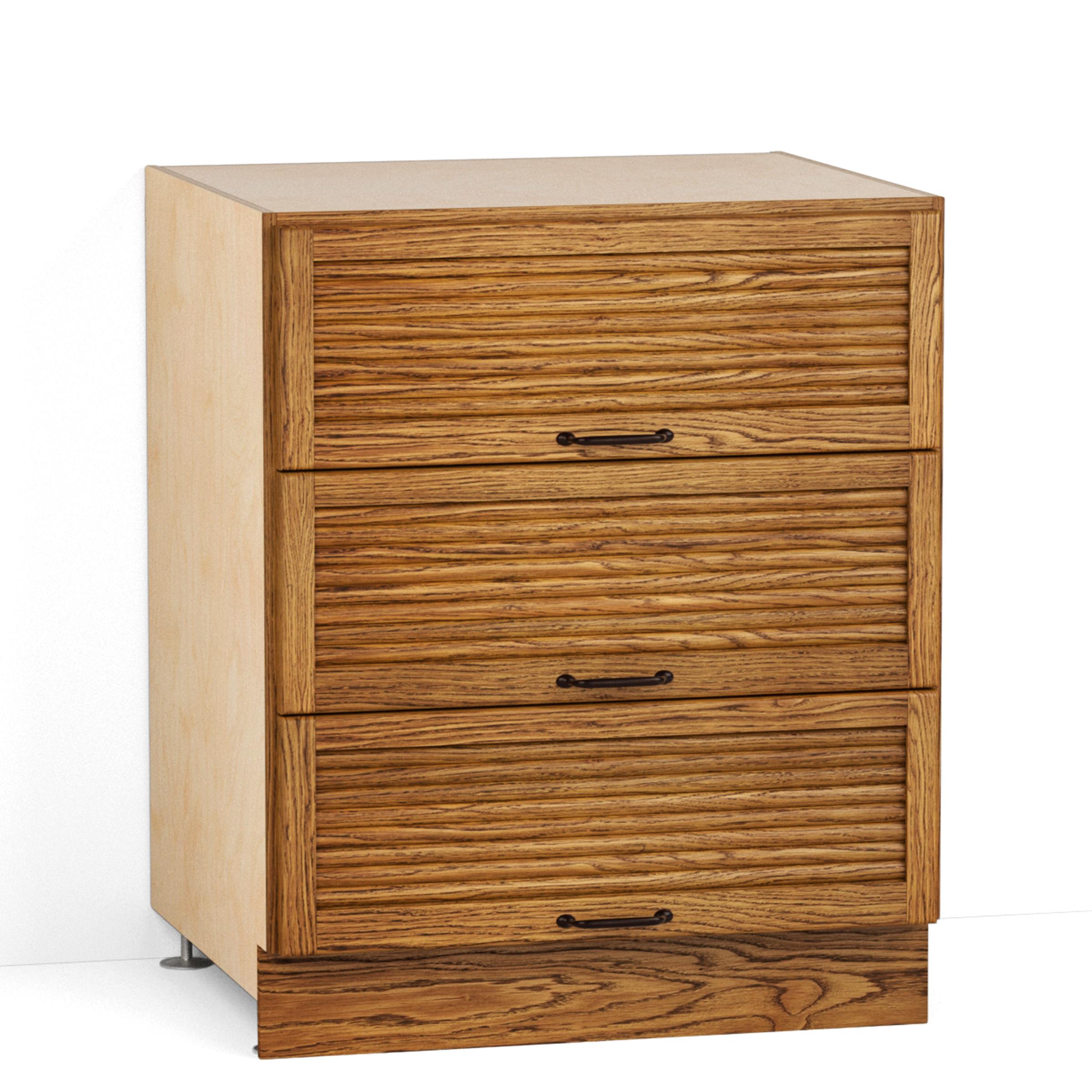 A render of an oak kitchen base cabinet with three tambour drawers from deVOL's Haberdasher's range.