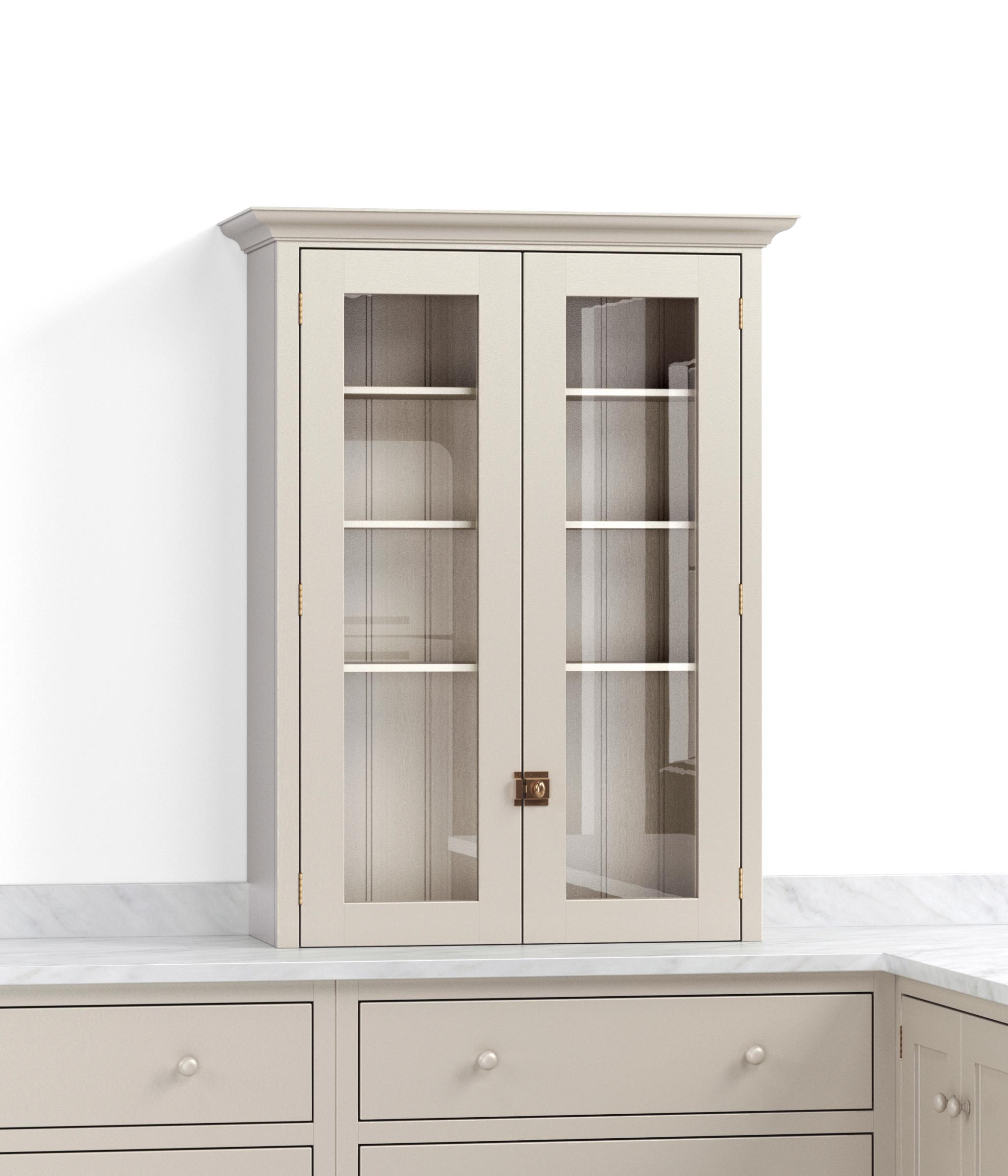 A render of a painted countertop cupboard with glazed doors from deVOL's Real Shaker range.
