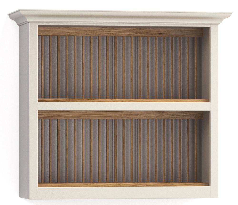 A render of a painted, wall-mounted plate rack from deVOL's Real Shaker range, fitted with oak plate holders.