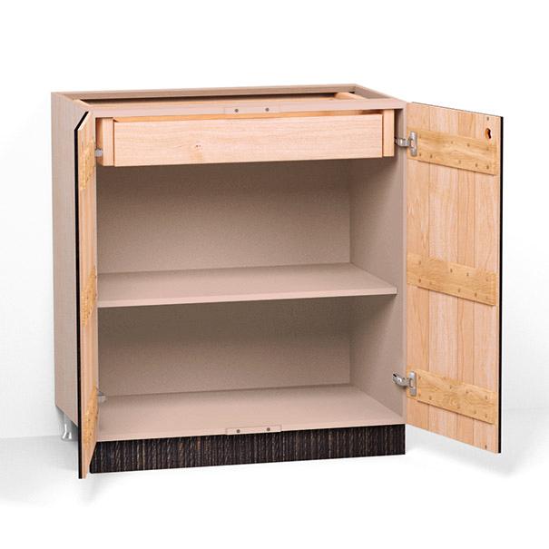 A render of a base cabinet from deVOL's Sebastian Cox range, with double doors made from individual planks and finished with an inky-blue stain and band-sawn texture.