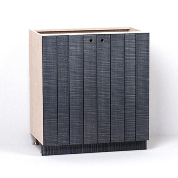 A render of a base cabinet from deVOL's Sebastian Cox range, with double doors made from individual planks and finished with an inky-blue stain and band-sawn texture.