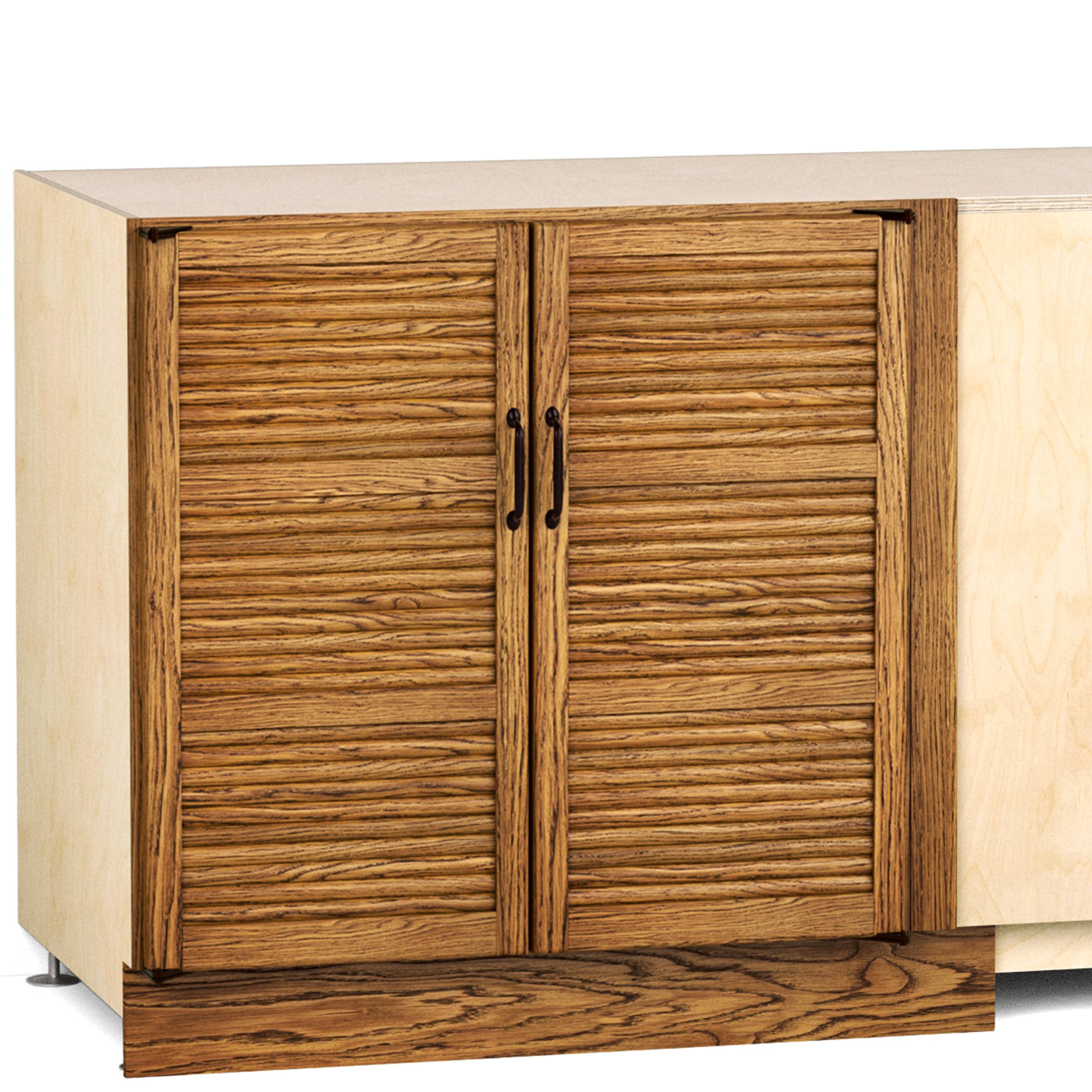 A render of an oak blind corner base cabinet with tambour doors from deVOL's Haberdasher's range.