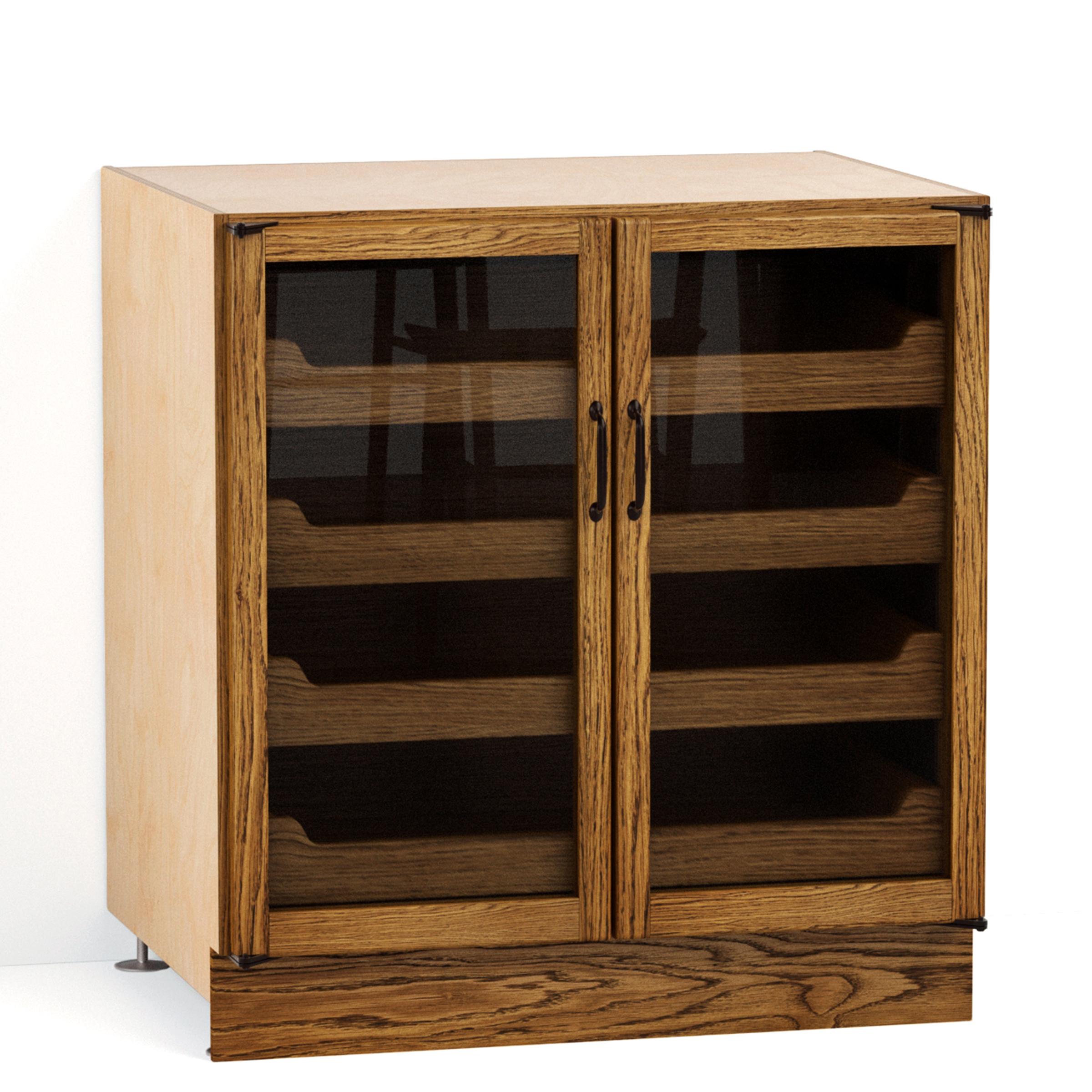 A render of an oak kitchen base cabinet with glazed doors and internal oak drawers from deVOL's Haberdasher's range.