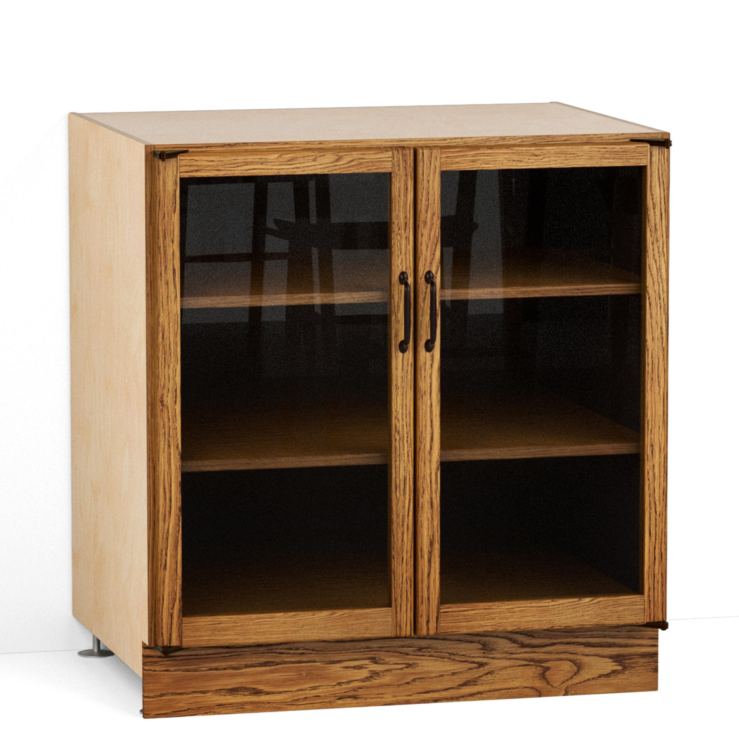 A render of an oak kitchen base cabinet with glazed doors from deVOL's Haberdasher's range.