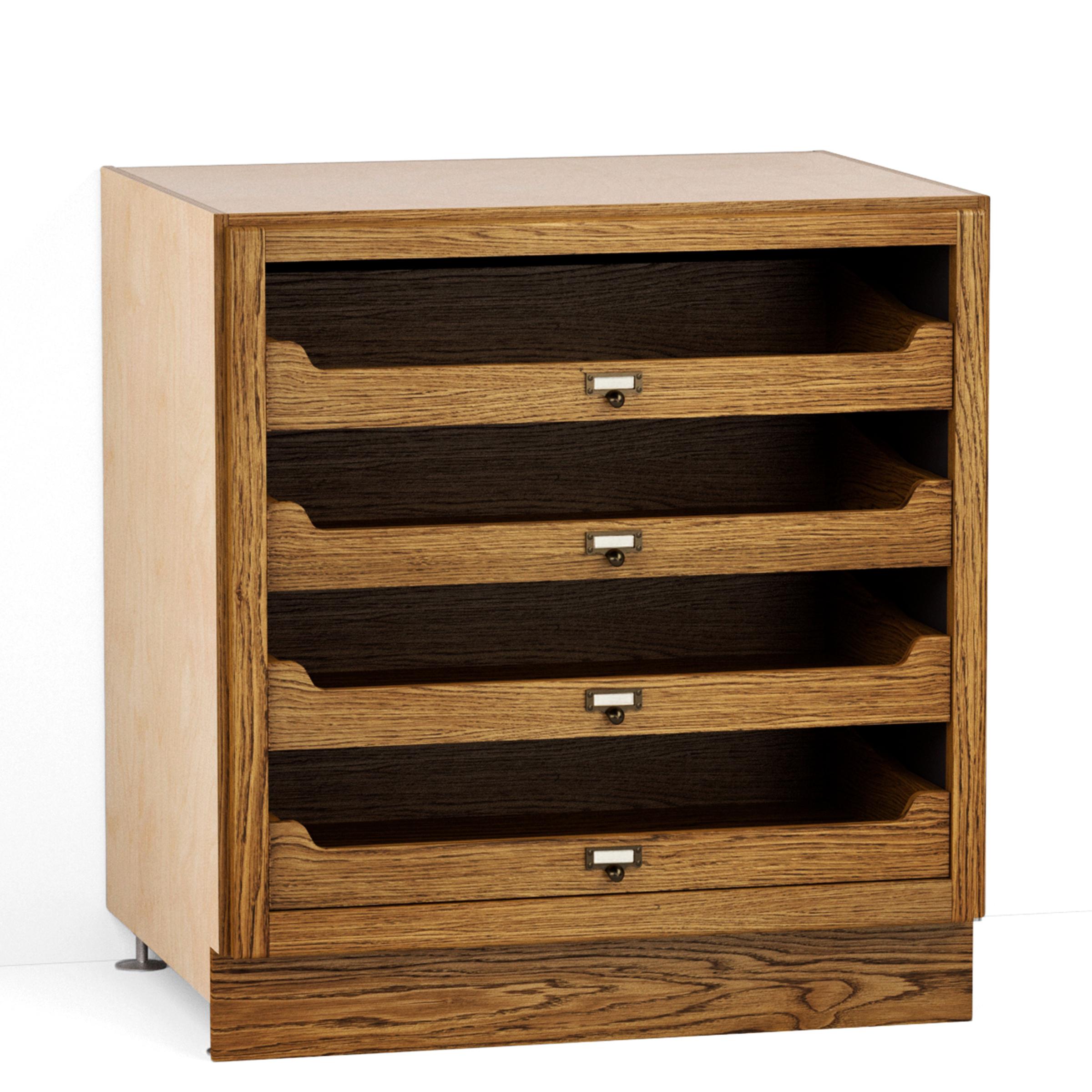 A render of an oak kitchen base cabinet with four oak drawers and no doors from deVOL's Haberdasher's range.
