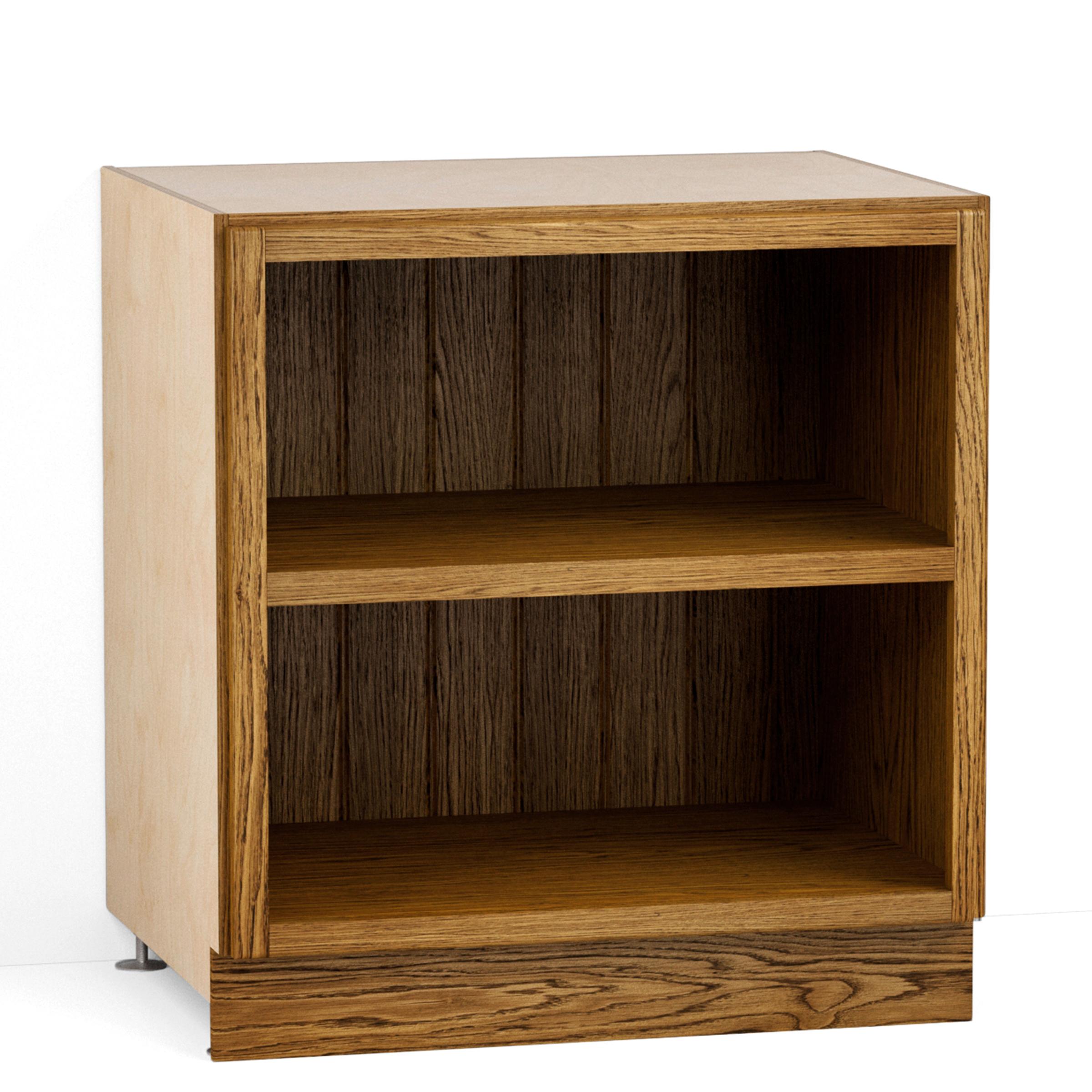 A render of an oak kitchen base cabinet with a single fixed shelf and no doors from deVOL's Haberdasher's range.