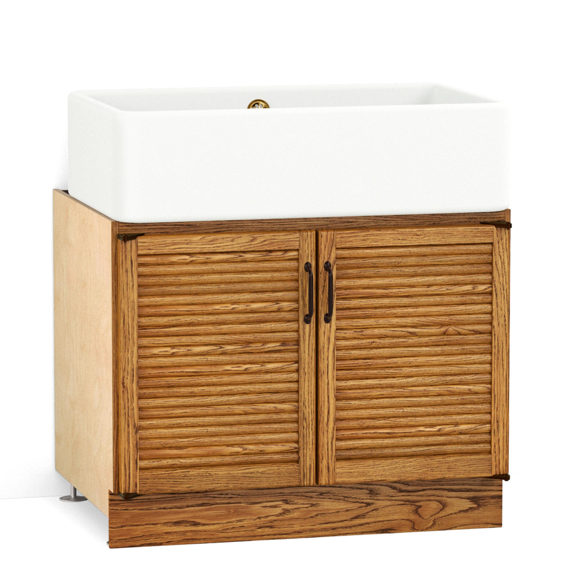 A render of an oak kitchen sink cabinet from deVOL's Haberdasher's range, with short tambour doors and a ceramic Belfast sink.