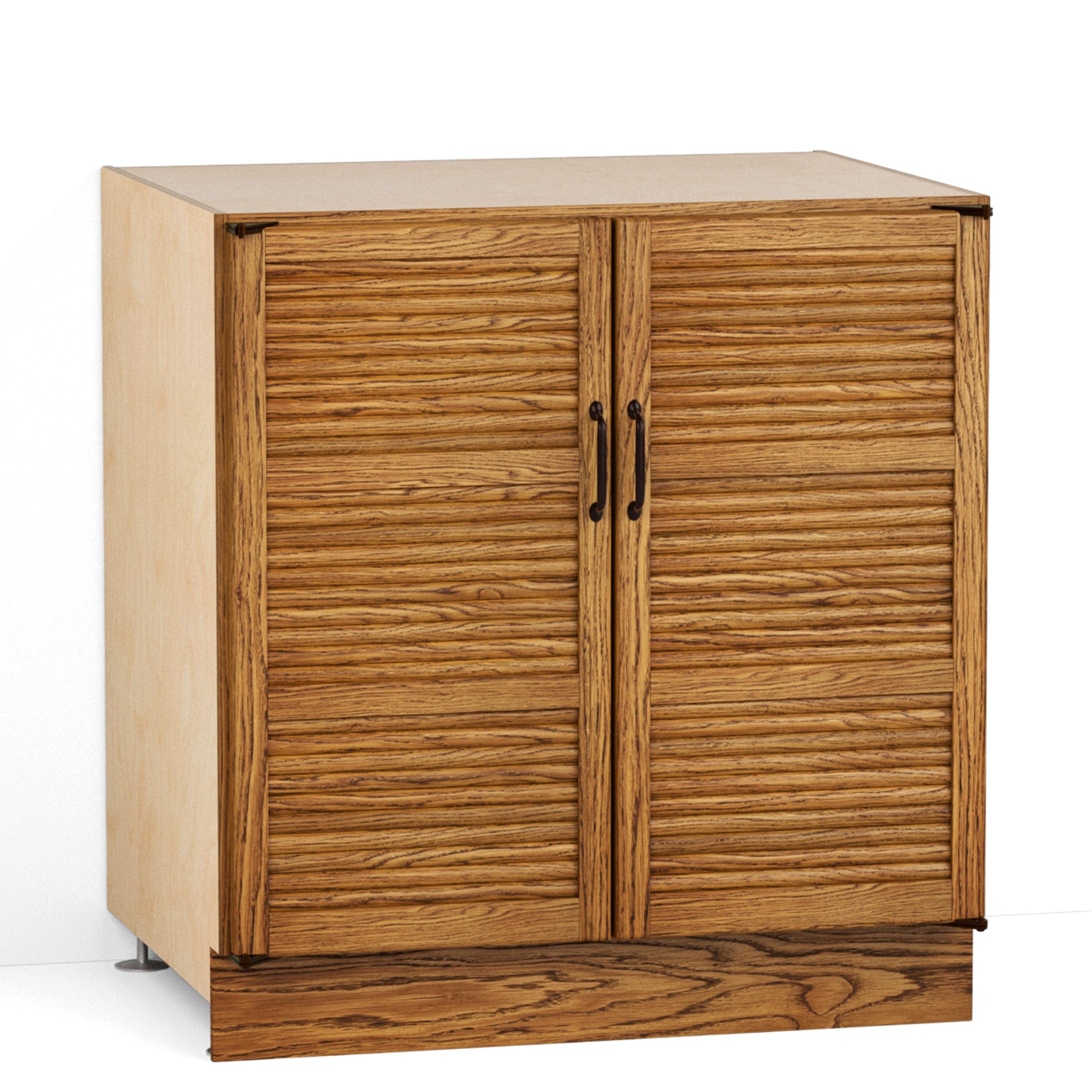 A render of an oak kitchen base cabinet with tambour doors from deVOL's Haberdasher's range.