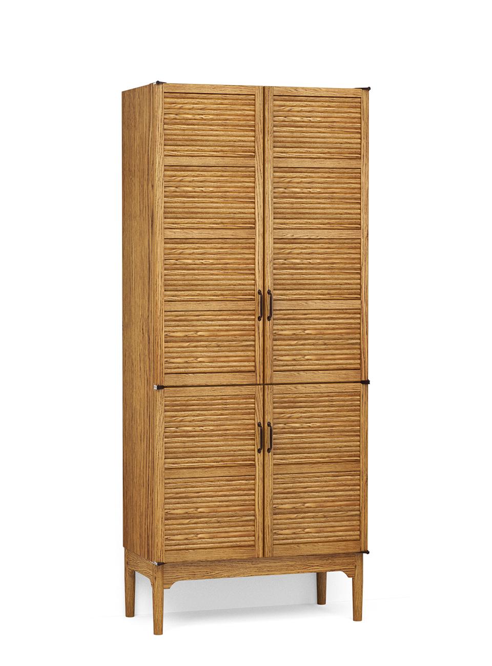 A render of an oak freestanding pantry cupboard from deVOL's Haberdasher's range, with two sets of tambour doors, three fitted shelves at the top and four sliding drawers at the bottom.