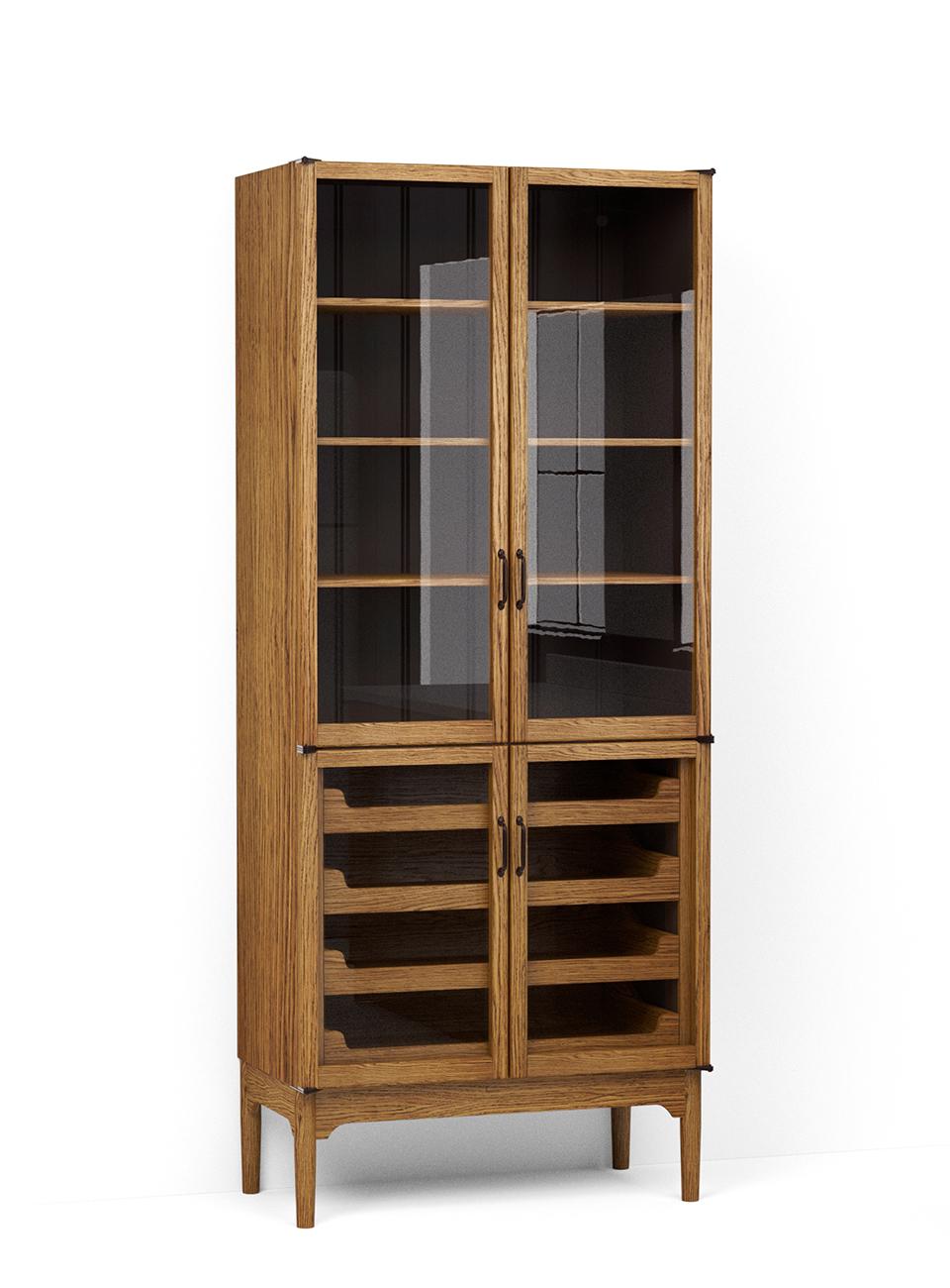 A render of an oak freestanding pantry cupboard from deVOL's Haberdasher's range, with two sets of glazed doors, three fitted shelves at the top and four sliding drawers at the bottom.