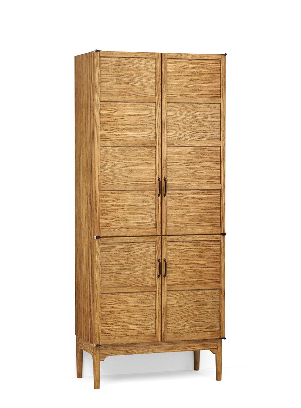 A render of an oak freestanding pantry cupboard from deVOL's Haberdasher's range, with two sets of panel doors, three fitted shelves at the top and four sliding drawers at the bottom.