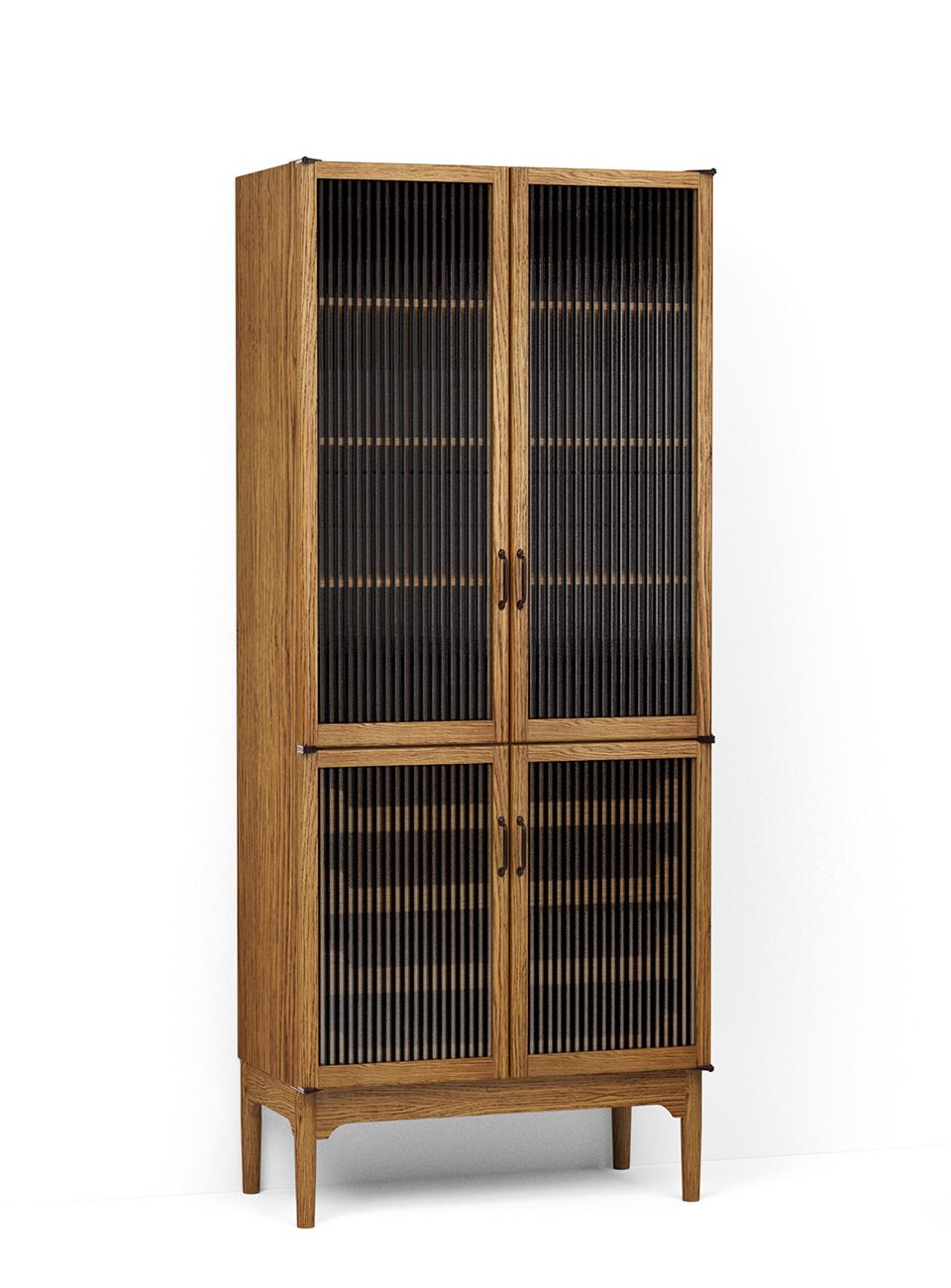 A render of an oak freestanding pantry cupboard from deVOL's Haberdasher's range, with two sets of reeded glazed doors, three fitted shelves at the top and four sliding drawers at the bottom.