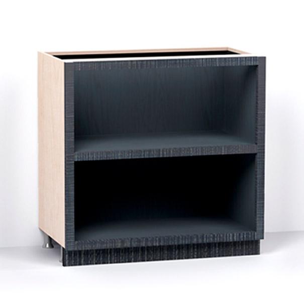 A render of an open kitchen base cabinet with a single fixed shelf from deVOL's Sebastian Cox range.