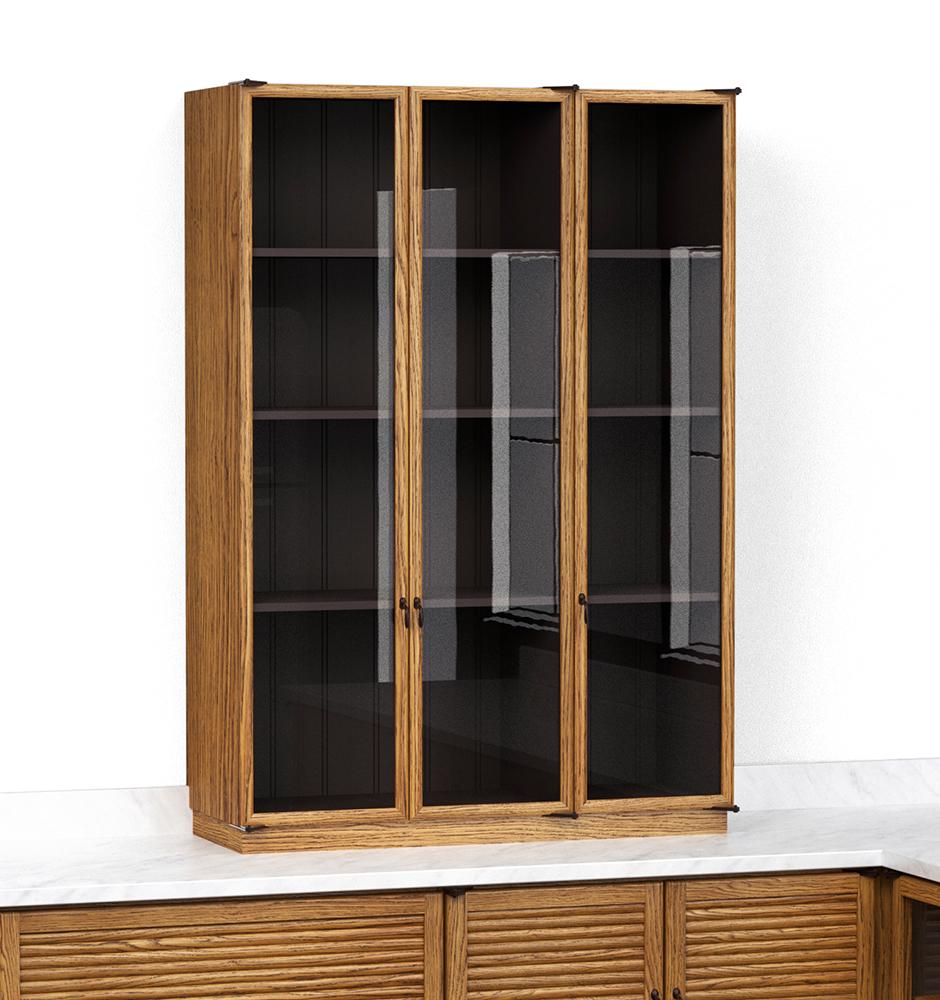 A render of an oak kitchen countertop cupboard with glazed doors from deVOL's Haberdasher's range.