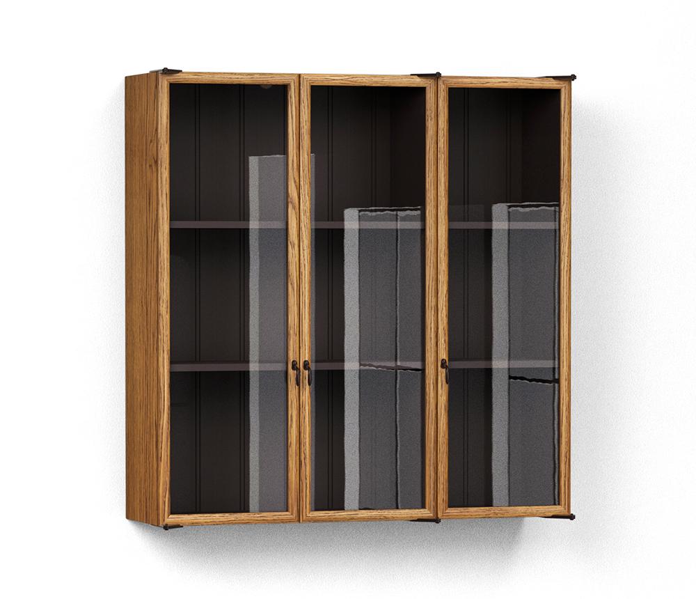 A render of an oak kitchen wall cupboard with glazed doors from deVOL's Haberdasher's range.