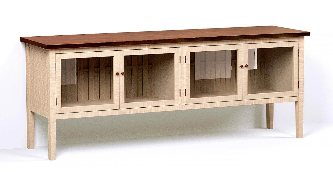 A render of a sideboard with glazed doors from deVOL's Sebastian Cox range.