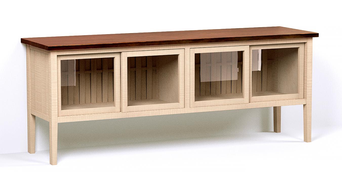 A render of a sideboard with glazed sliding doors from deVOL's Sebastian Cox range.