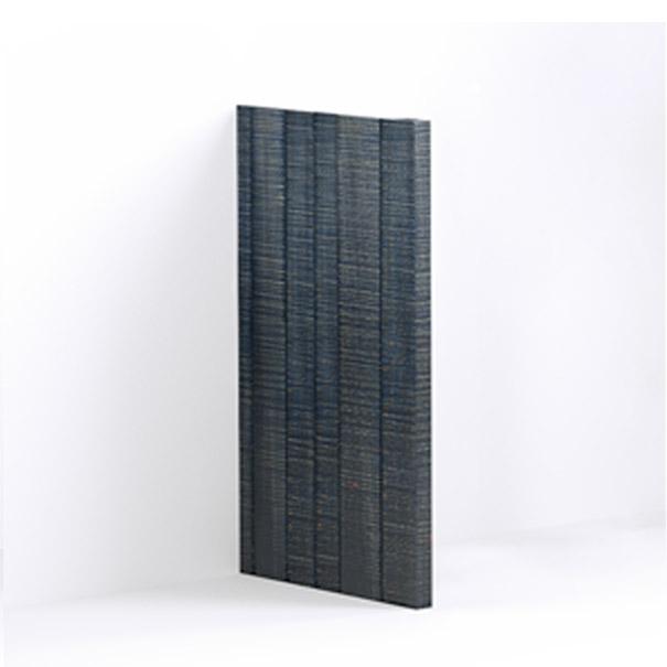 A render of a base cabinet end panel made from individual planks and finished with an inky-blue stain and band-sawn texture, required for finishing any open sides.