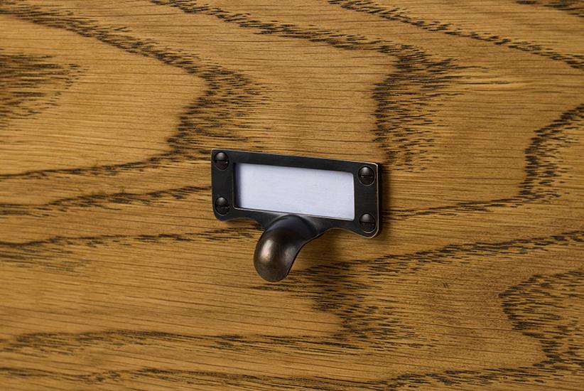 An oxidised brass cardframe pull from deVOL's Haberdasher's range.