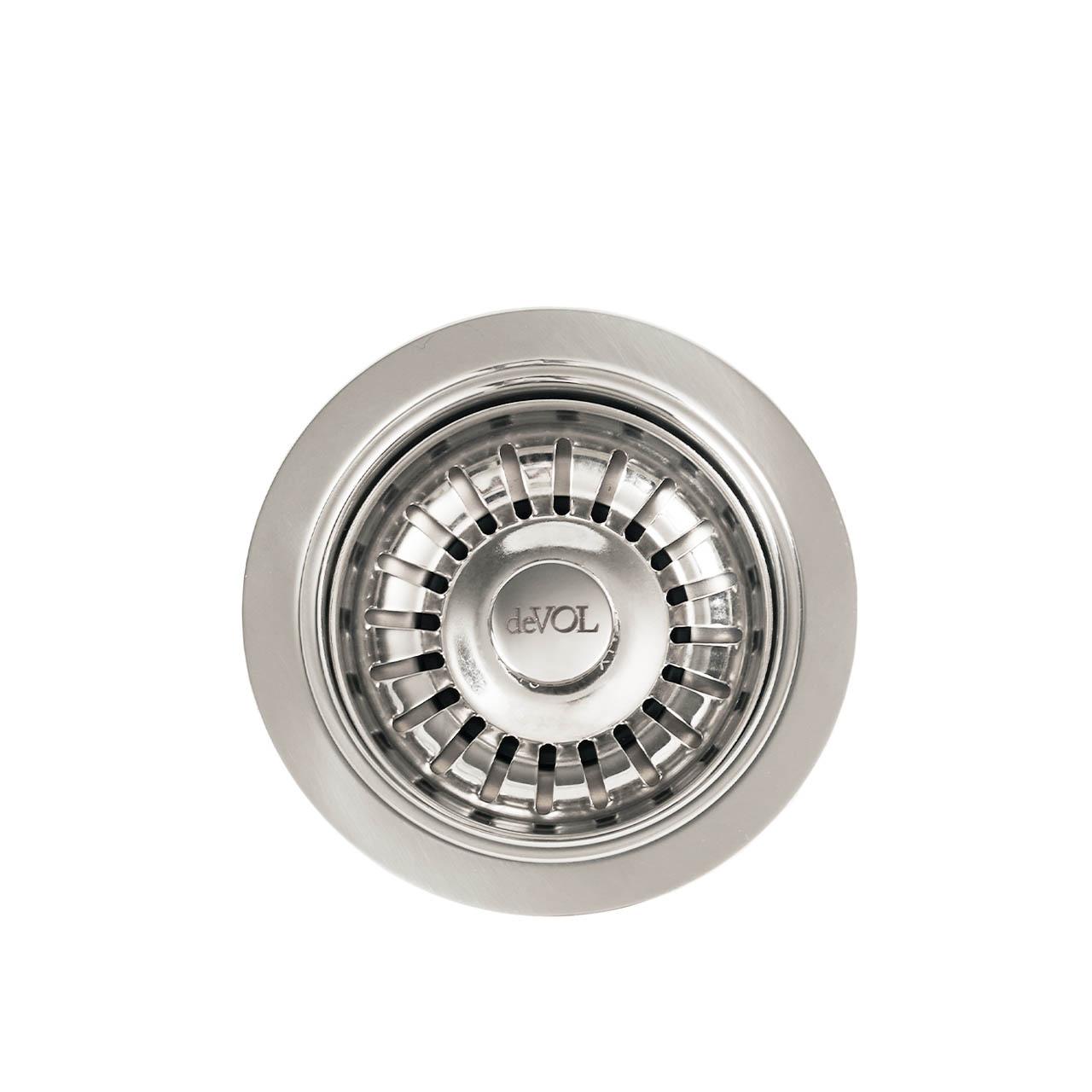A cut-out image of a traditional style sink waste strainer and overflow kit in a chrome finish.