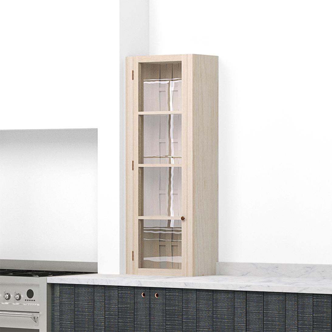 A render of a kitchen countertop cupboard with glazed doors from deVOL's Sebastian Cox range.