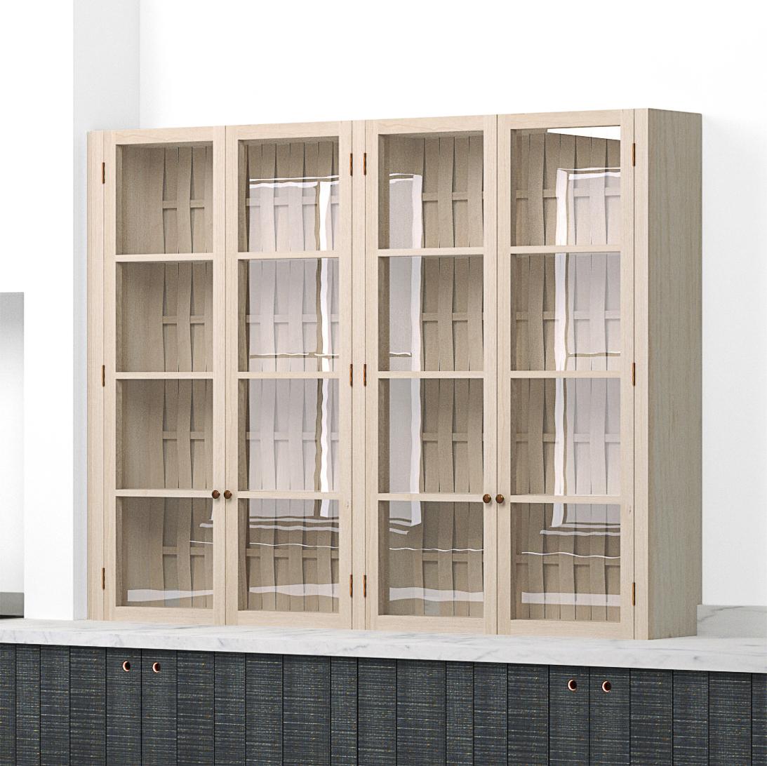 A render of a kitchen countertop cupboard with glazed doors from deVOL's Sebastian Cox range.