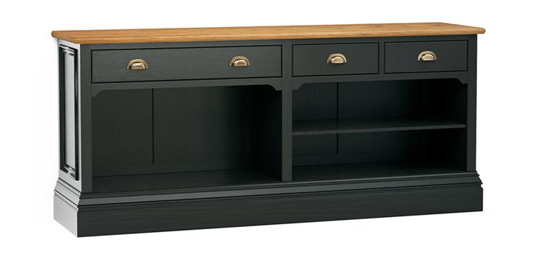 A render of a freestanding kitchen counter with open storage, one large drawer and another split drawer, finished in black paint and fitted with an oak worktop.