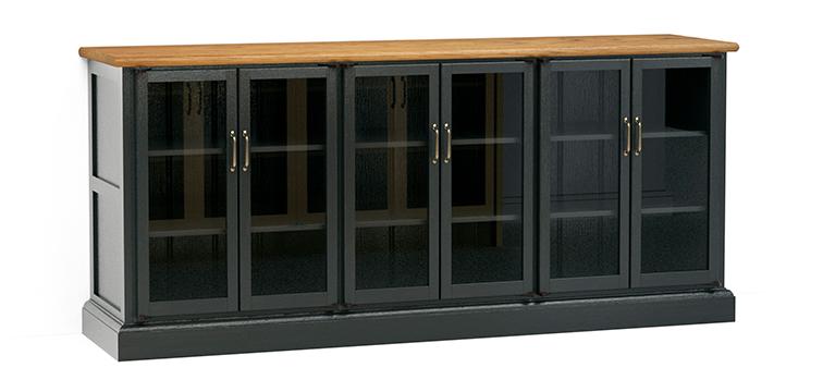 A render of a freestanding kitchen counter with glazed double doors, finished in black paint and fitted with an oak worktop.