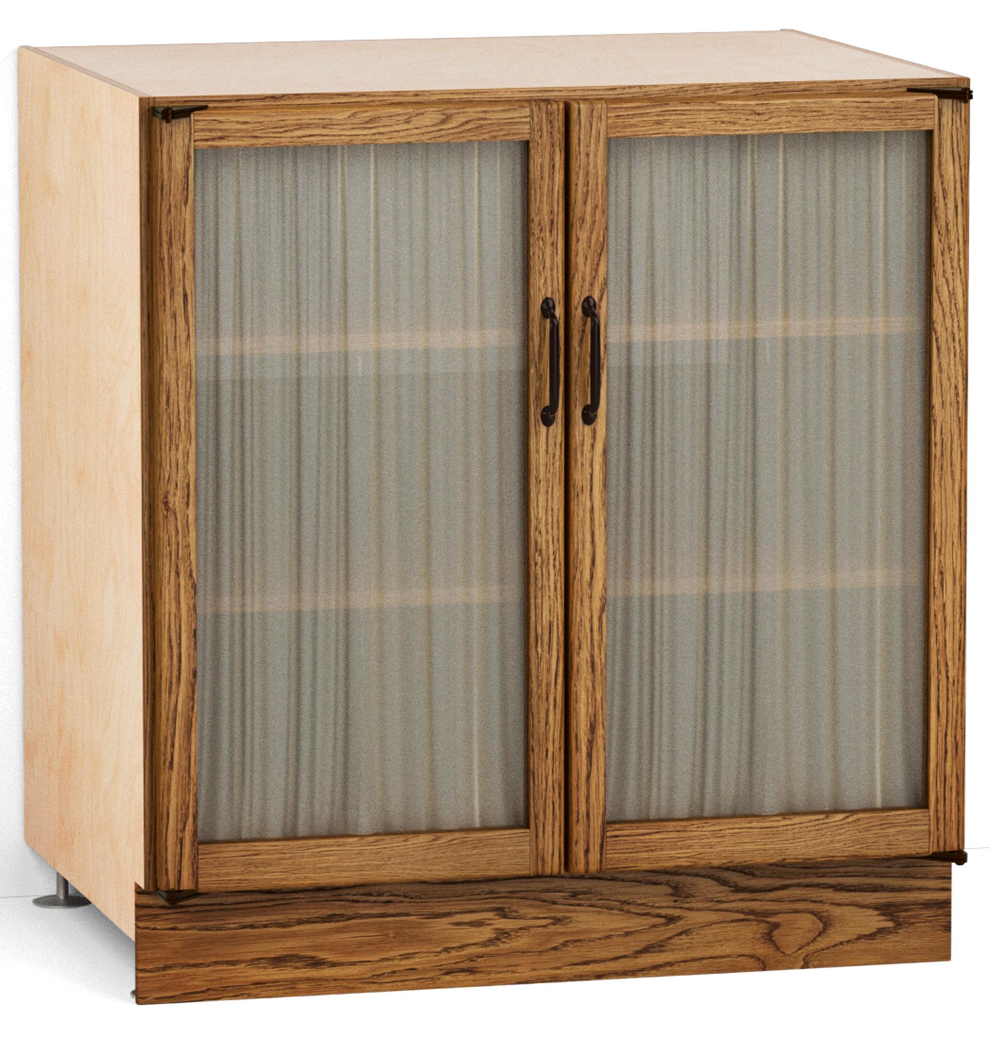 A render of an oak kitchen base cabinet with ruched curtains behind glazed doors from deVOL's Haberdasher's range.