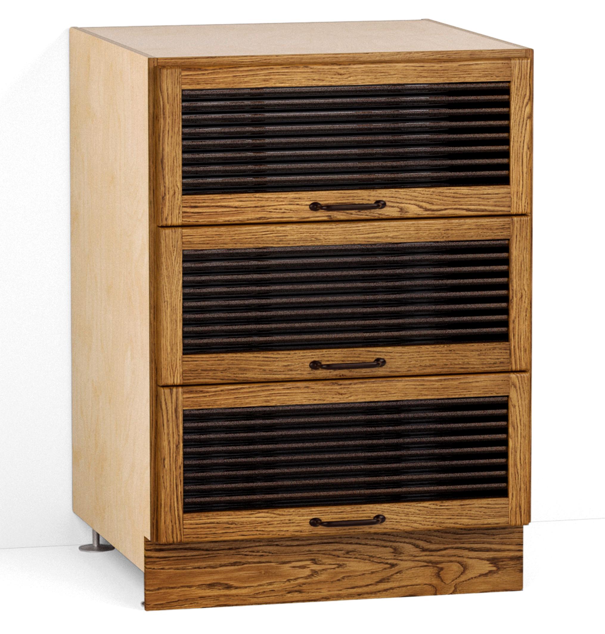 A render of an oak kitchen base cabinet with three reeded glass drawers from deVOL's Haberdasher's range.