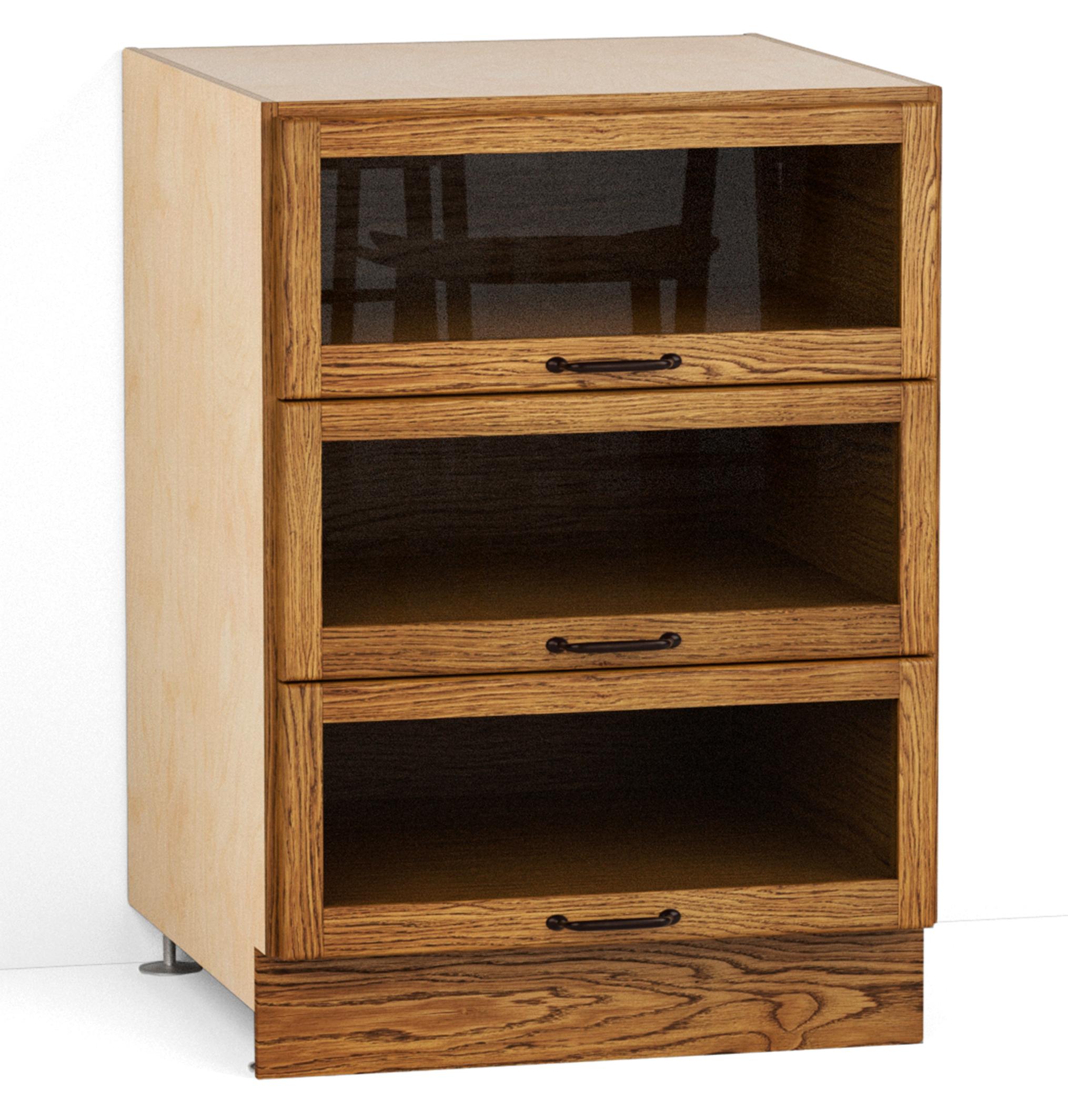 A render of an oak kitchen base cabinet with glazed drawers from deVOL's Haberdasher's range.