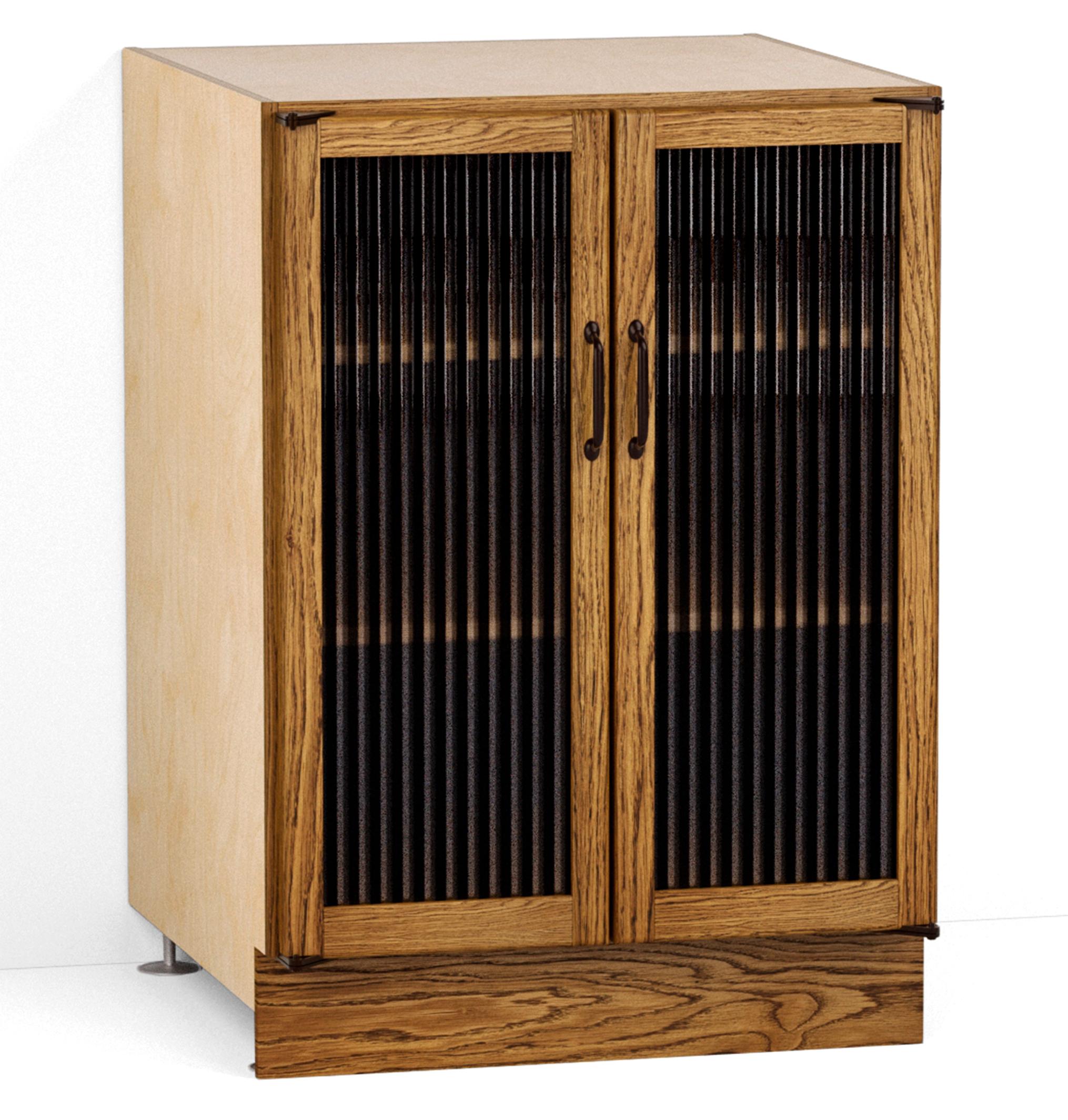 A render of an oak kitchen base cabinet with reeded glass doors from deVOL's Haberdasher's range.