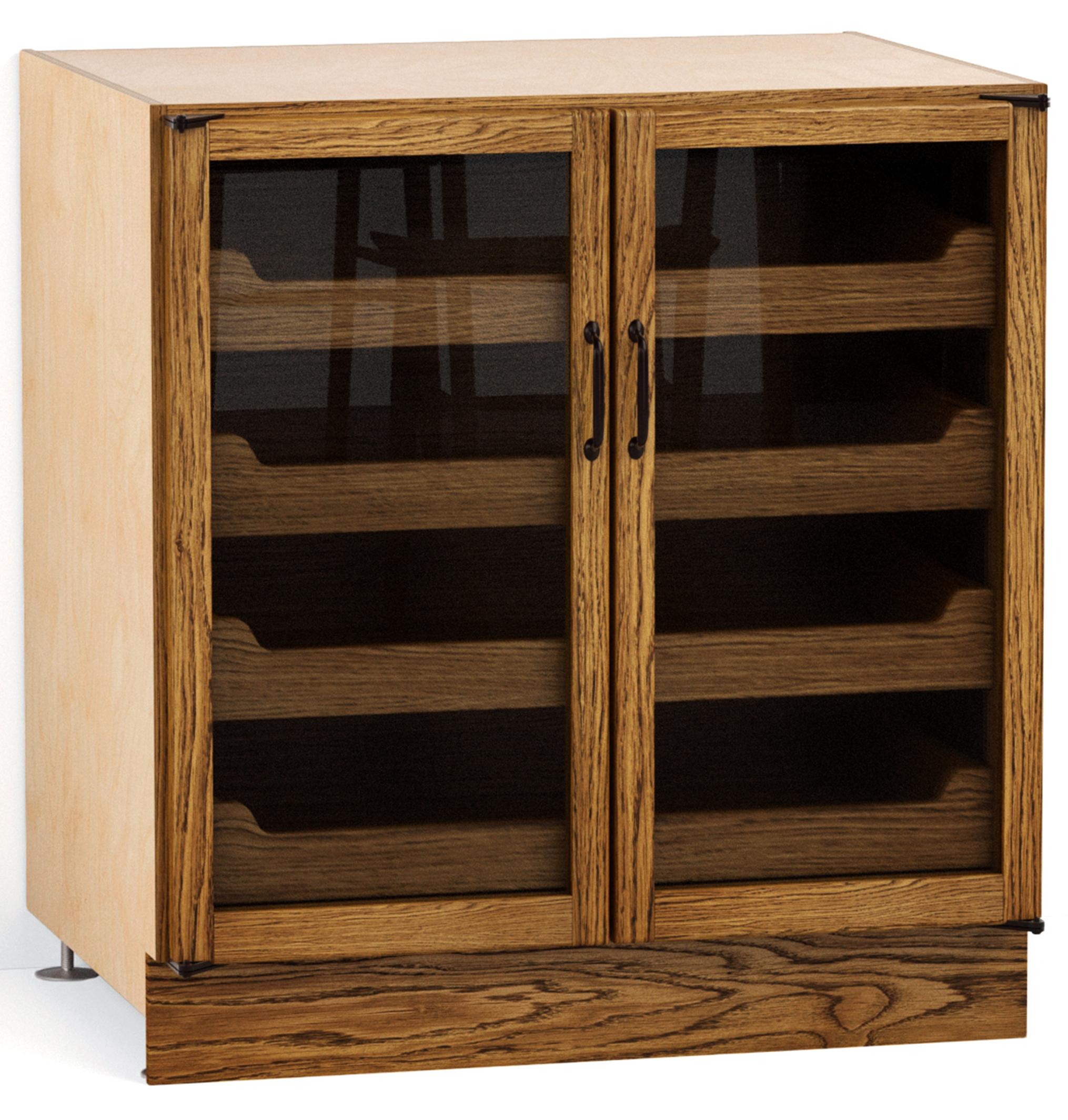 A render of an oak kitchen base cabinet with glazed doors and internal drawers from deVOL's Haberdasher's range.