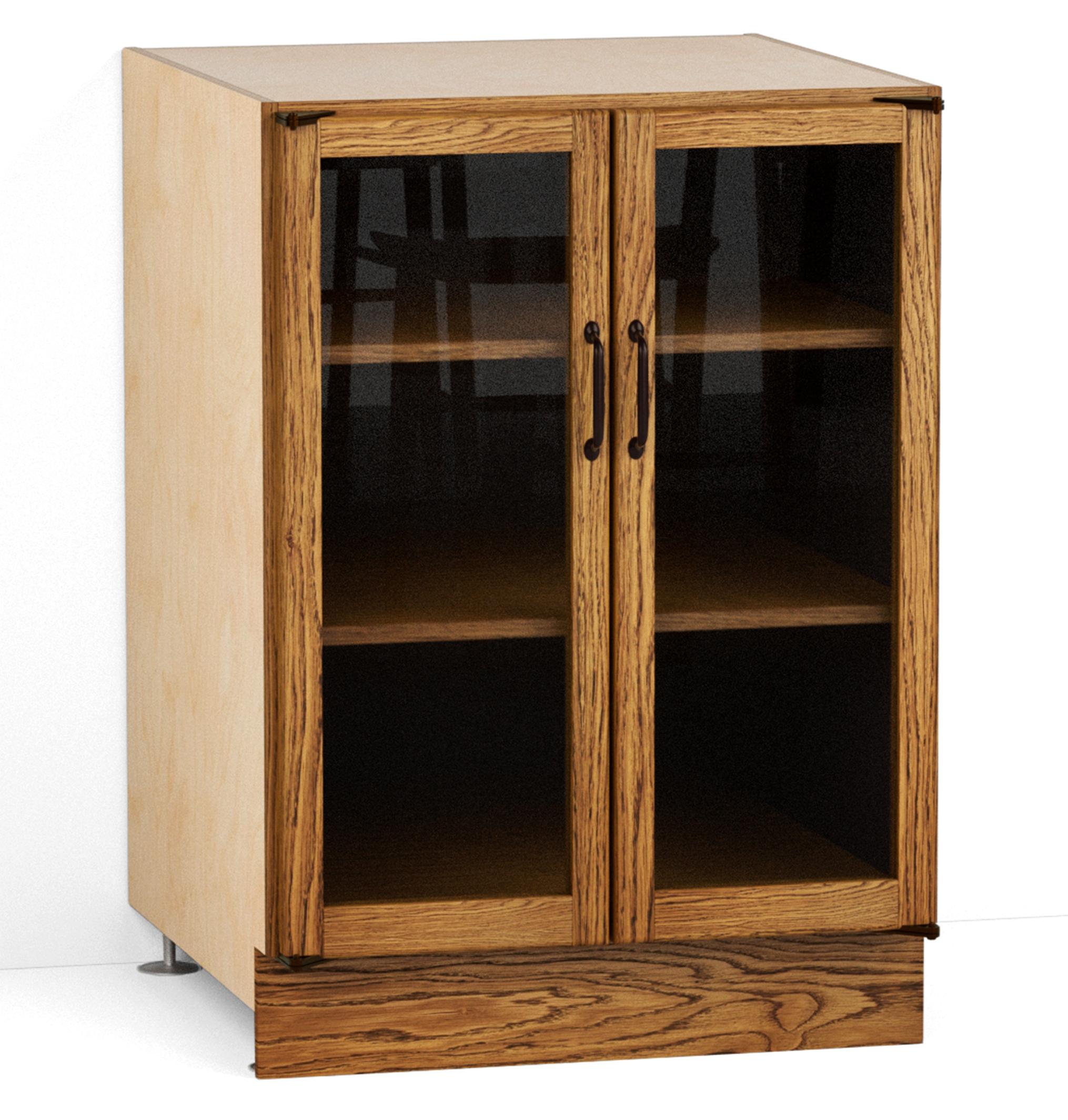 A render of an oak kitchen base cabinet with glazed doors from deVOL's Haberdasher's range.