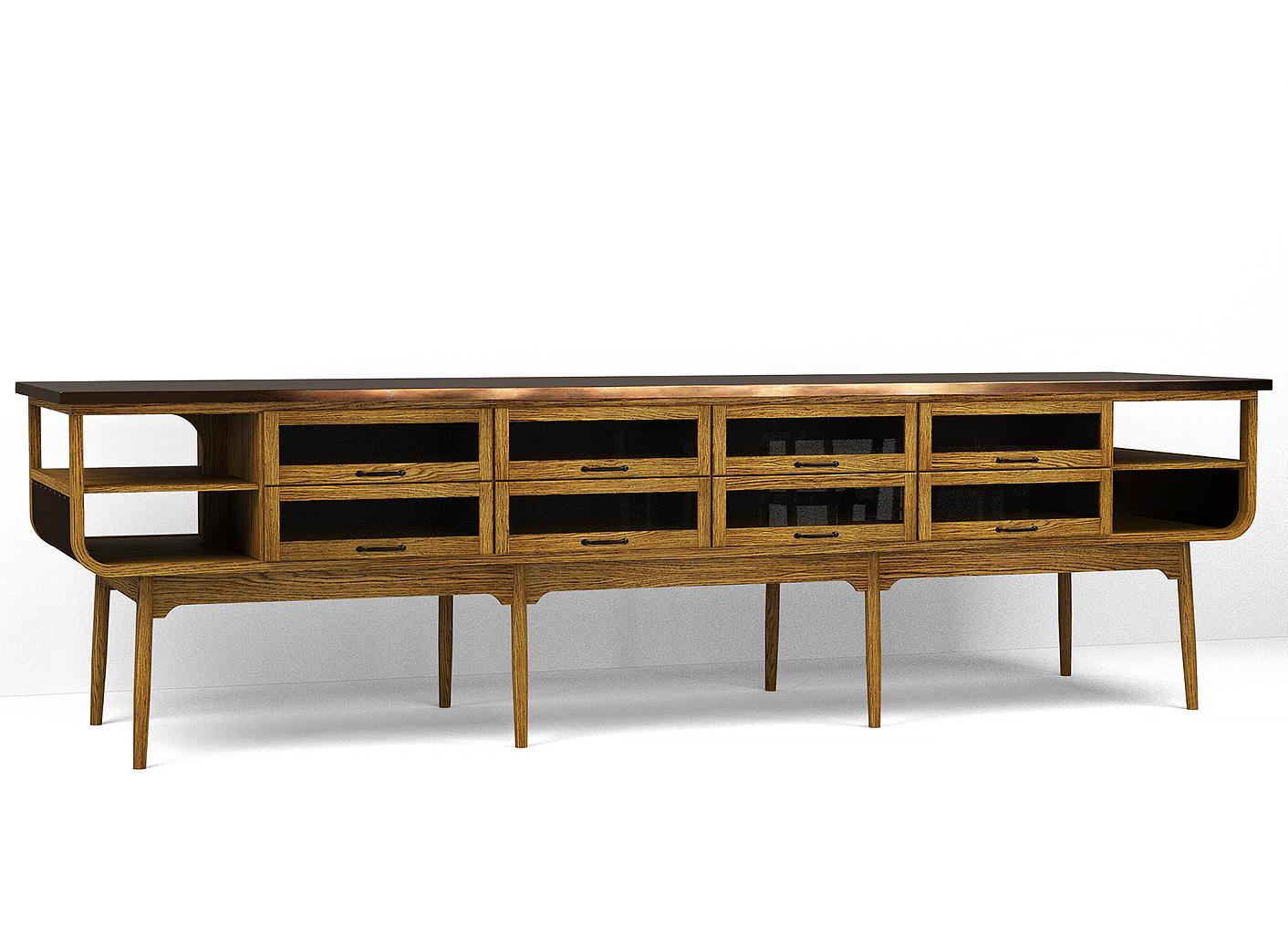 A render of a prep table with glazed drawers from deVOL's Haberdasher's range.