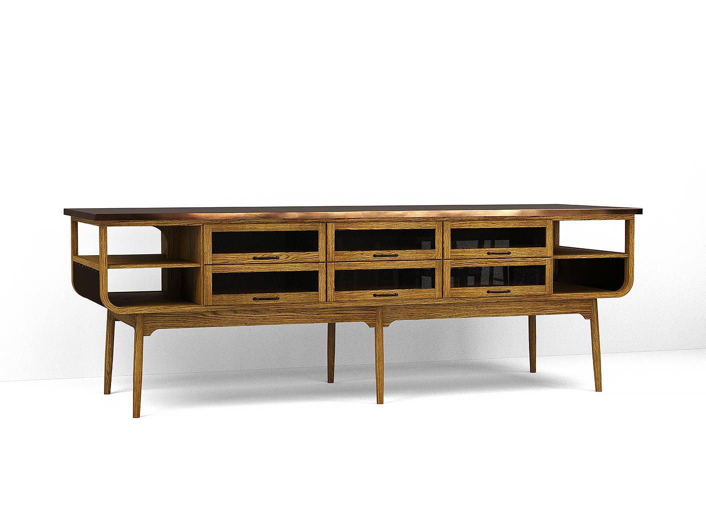 A render of a prep table with glazed drawers from deVOL's Haberdasher's range.