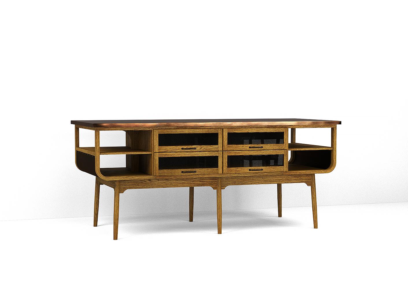 A render of a prep table with glazed drawers from deVOL's Haberdasher's range.