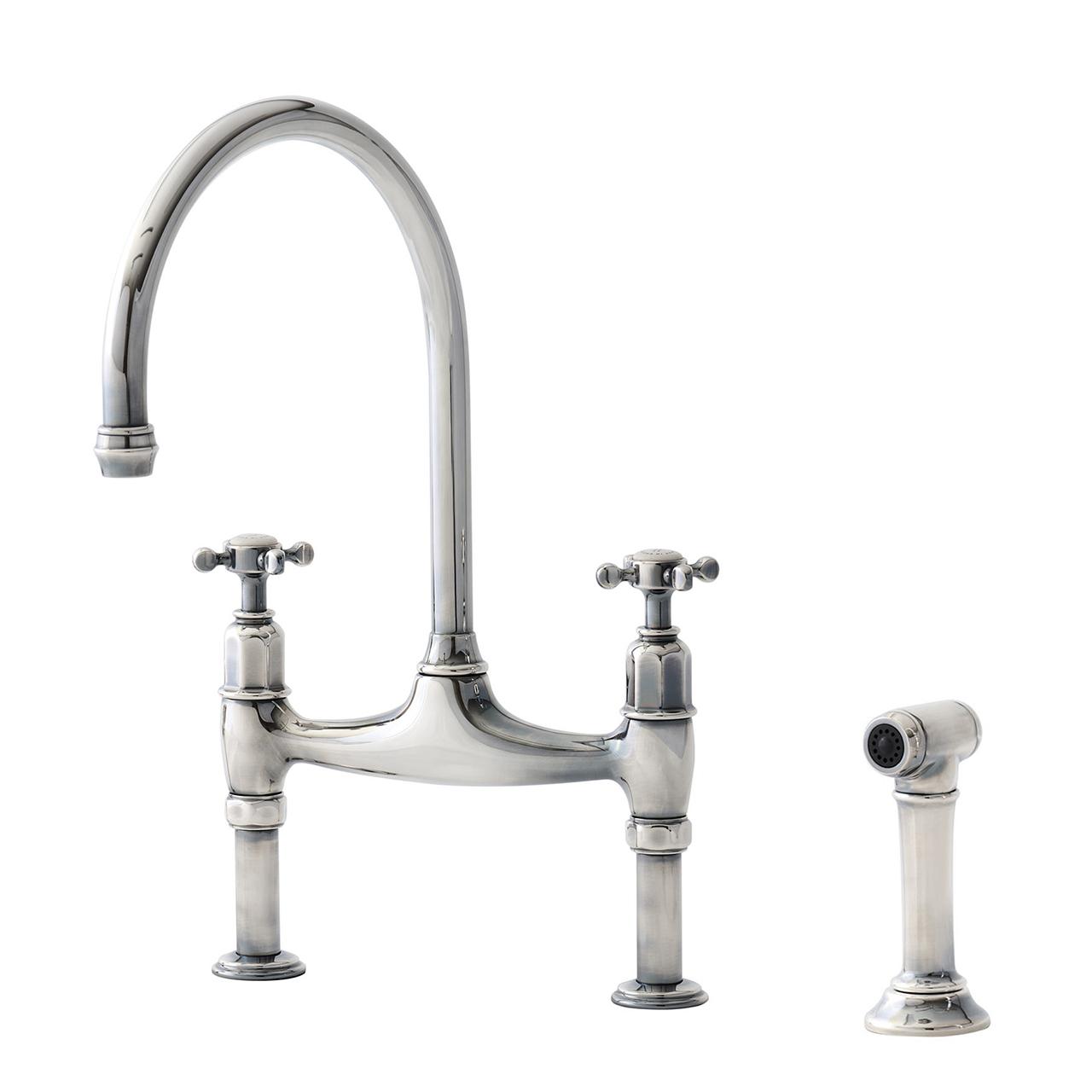 A cut-out image of a deVOL Ionian Tap with Rinse, a traditional style crosshead mixer tap, in our antique silver finish.