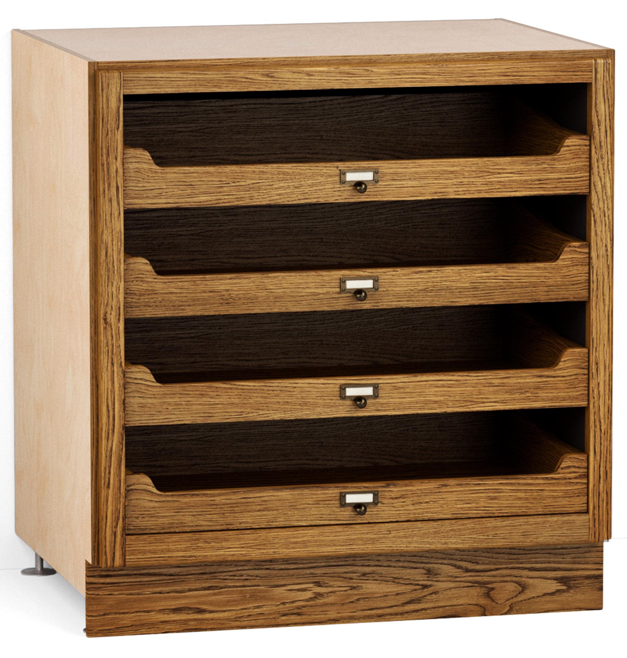 A render of an oak kitchen base cabinet with four oak drawers and no doors from deVOL's Haberdasher's range.