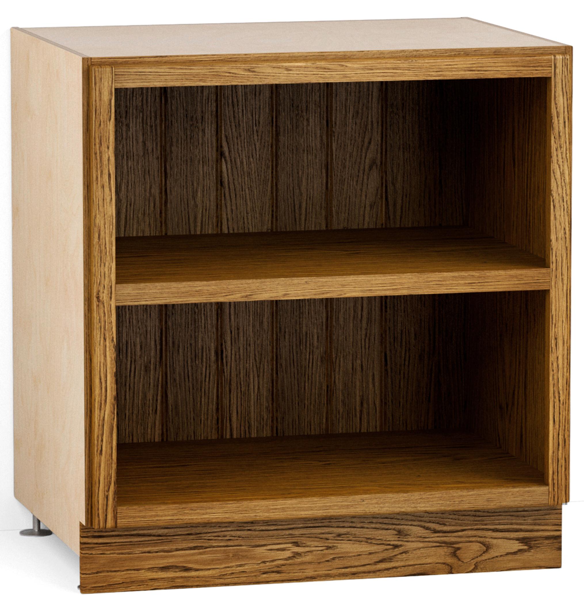 A render of an oak kitchen base cabinet with a single fixed shelf and no doors from deVOL's Haberdasher's range.