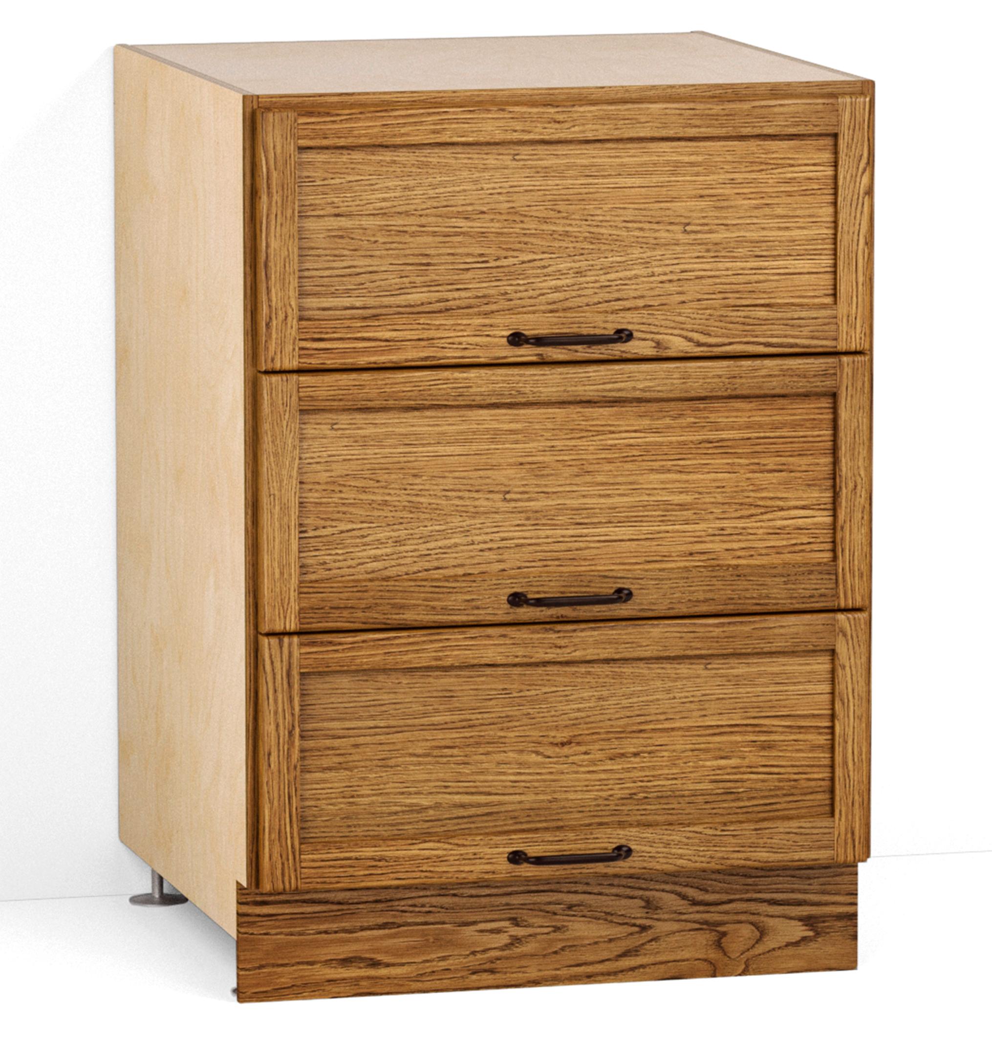 A render of an oak kitchen base cabinet with three panel-fronted drawers from deVOL's Haberdasher's range.