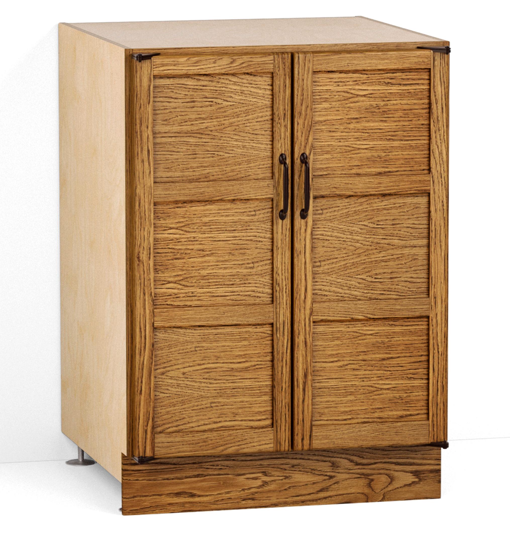 A render of an oak kitchen base cabinet with panel-fronted doors from deVOL's Haberdasher's range.